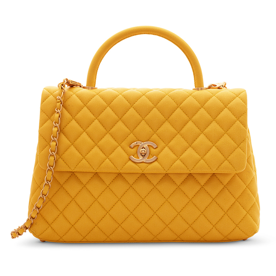 A yellow quilted caviar leather medium coco handle with antique gold hardware. Chanel, 2018. Sold for EUR5,040 on 25 April 2024 at Christie’s online