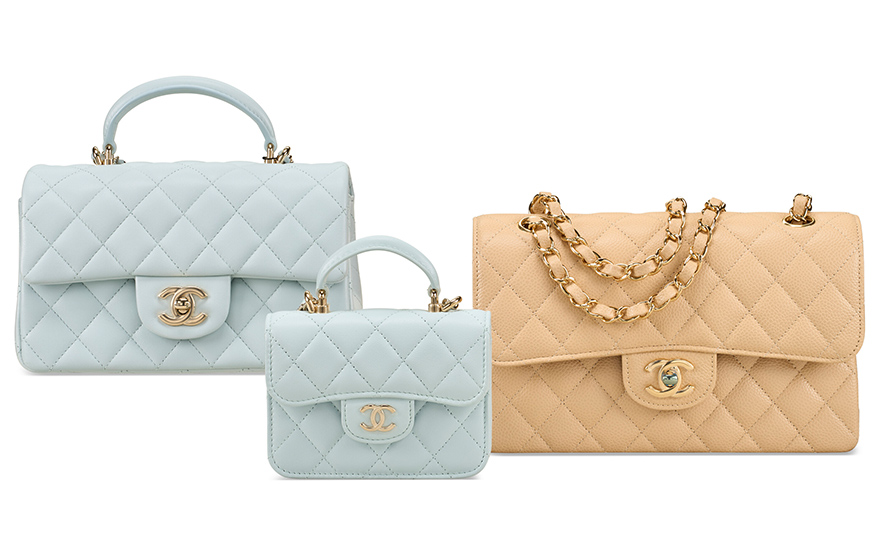 https://onlineonly.christies.com/s/handbags-online-new-york-edit/set-three-beige-quilted-caviar-leather-classic-medium-double-flap-bag-102/311882 A set of three: a beige quilted caviar leather classic medium double flap bag with gold hardware, a light blue quilted lambskin timeless top handle flap bag & a top handle coin purse with chain with gold hardware. Chanel, 2020s. Sold for US$19,050 on 11 June 2026 at Christie’s online