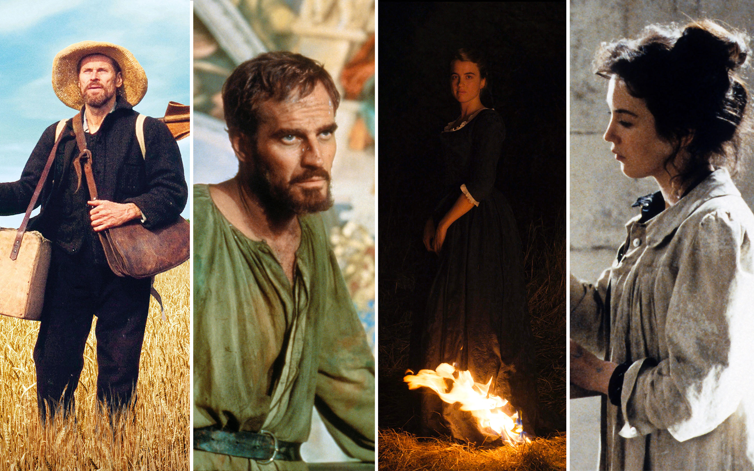 Four people in period clothing are shown in separate scenes from films or artworks.