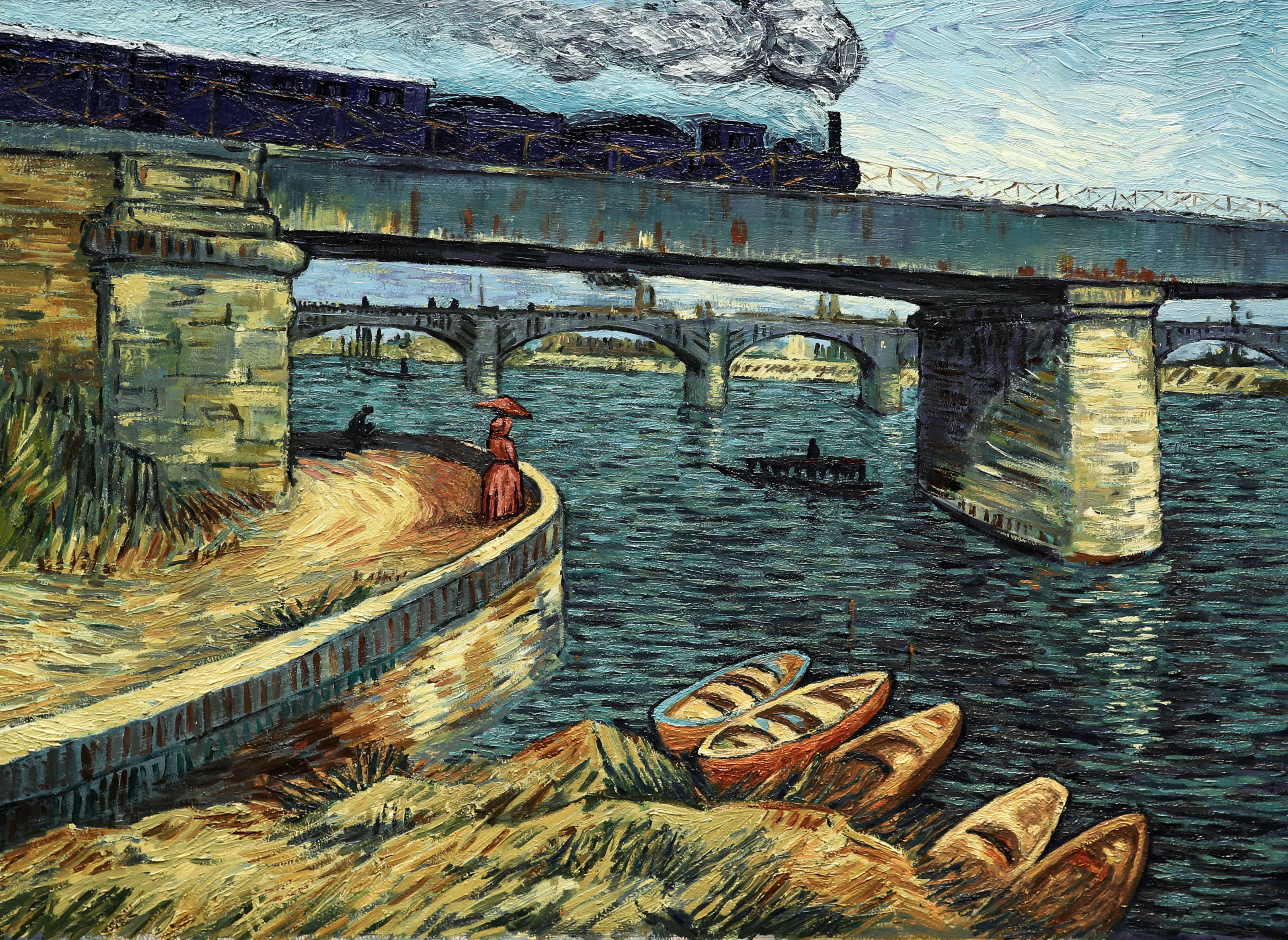 A train crosses a bridge over a river, with boats and a woman in a red dress by the shore.