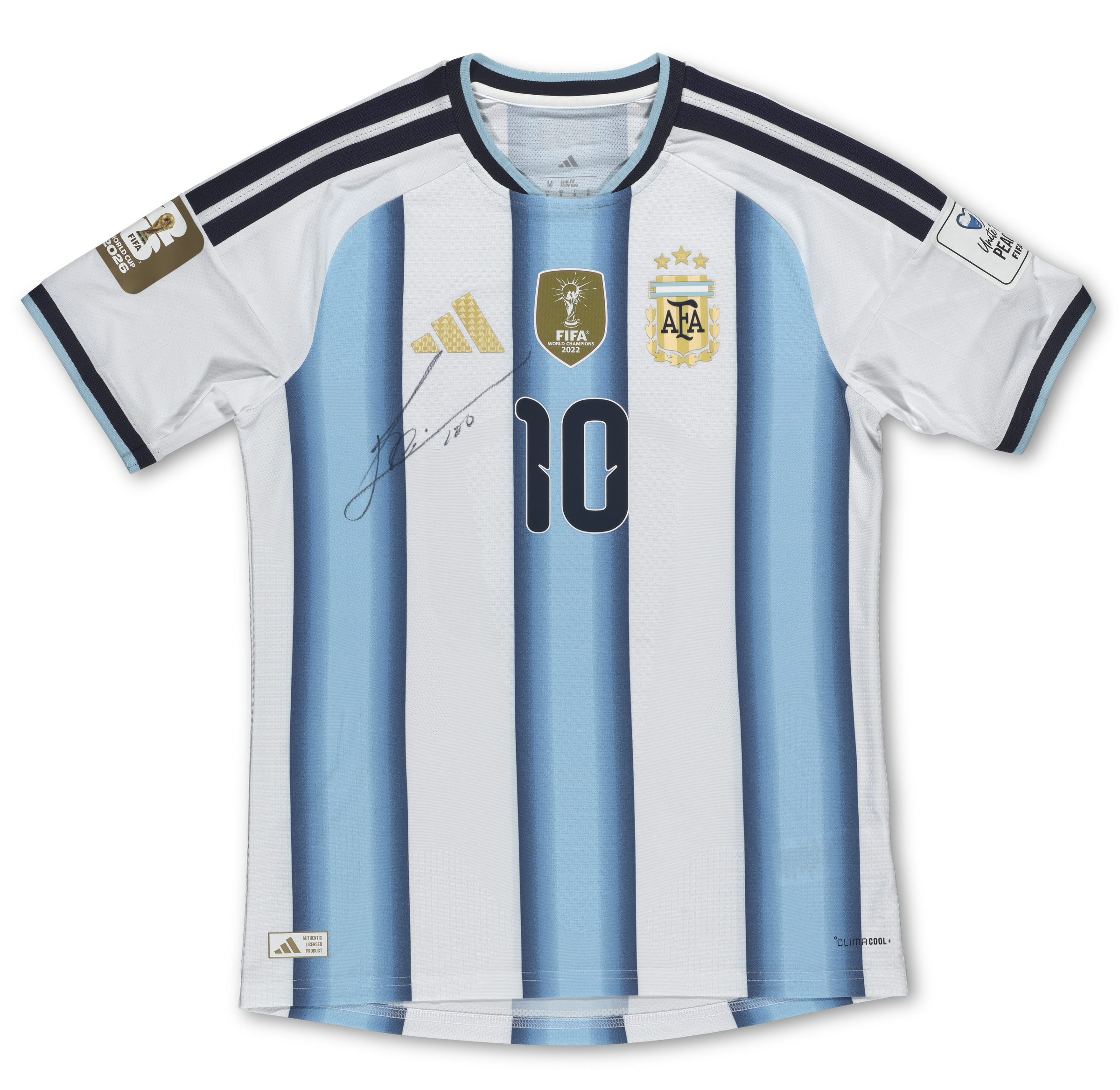 This is an Argentina national football team jersey with the number 10 and FIFA World Cup badges.