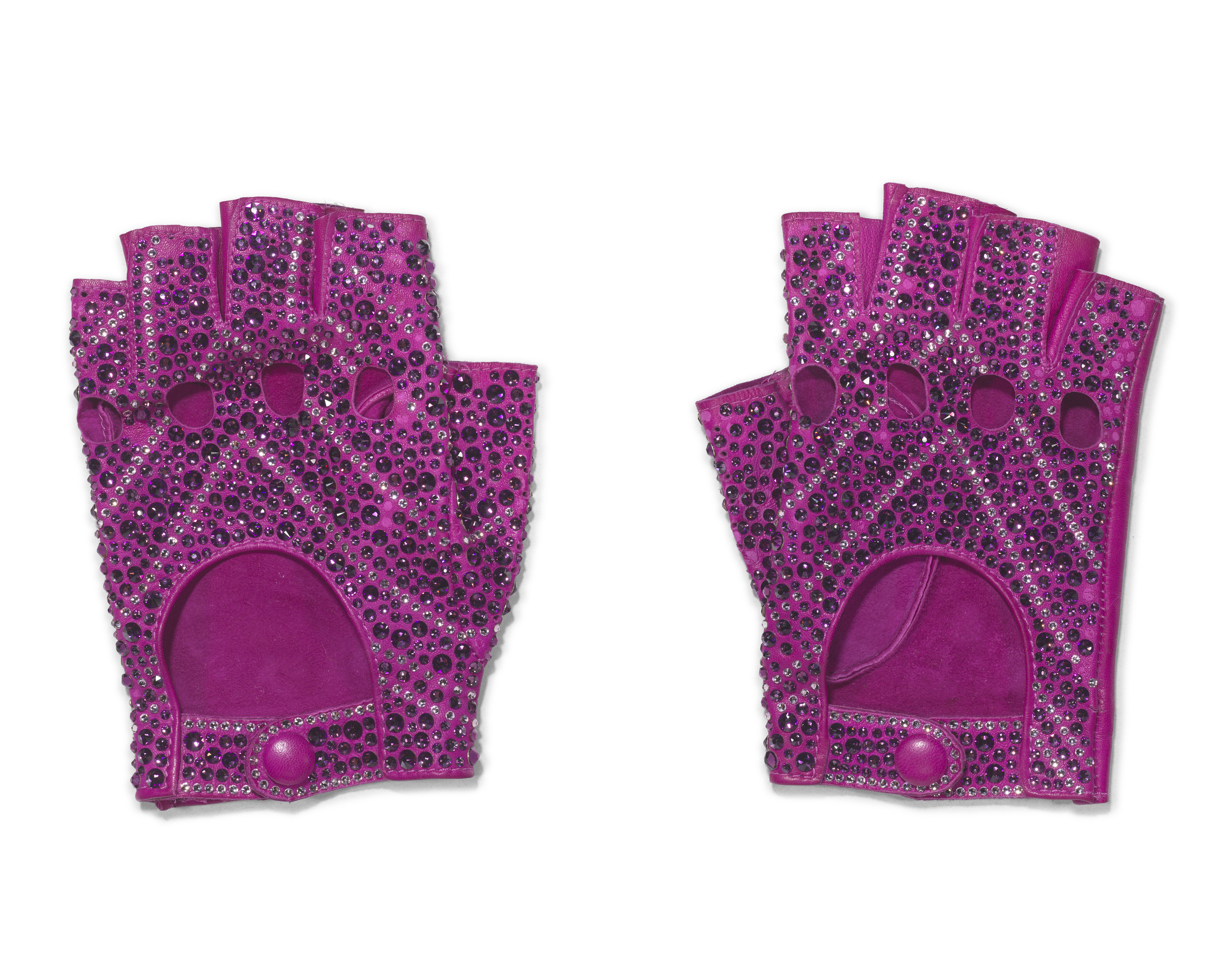 A pair of fingerless purple gloves decorated with shiny rhinestones.