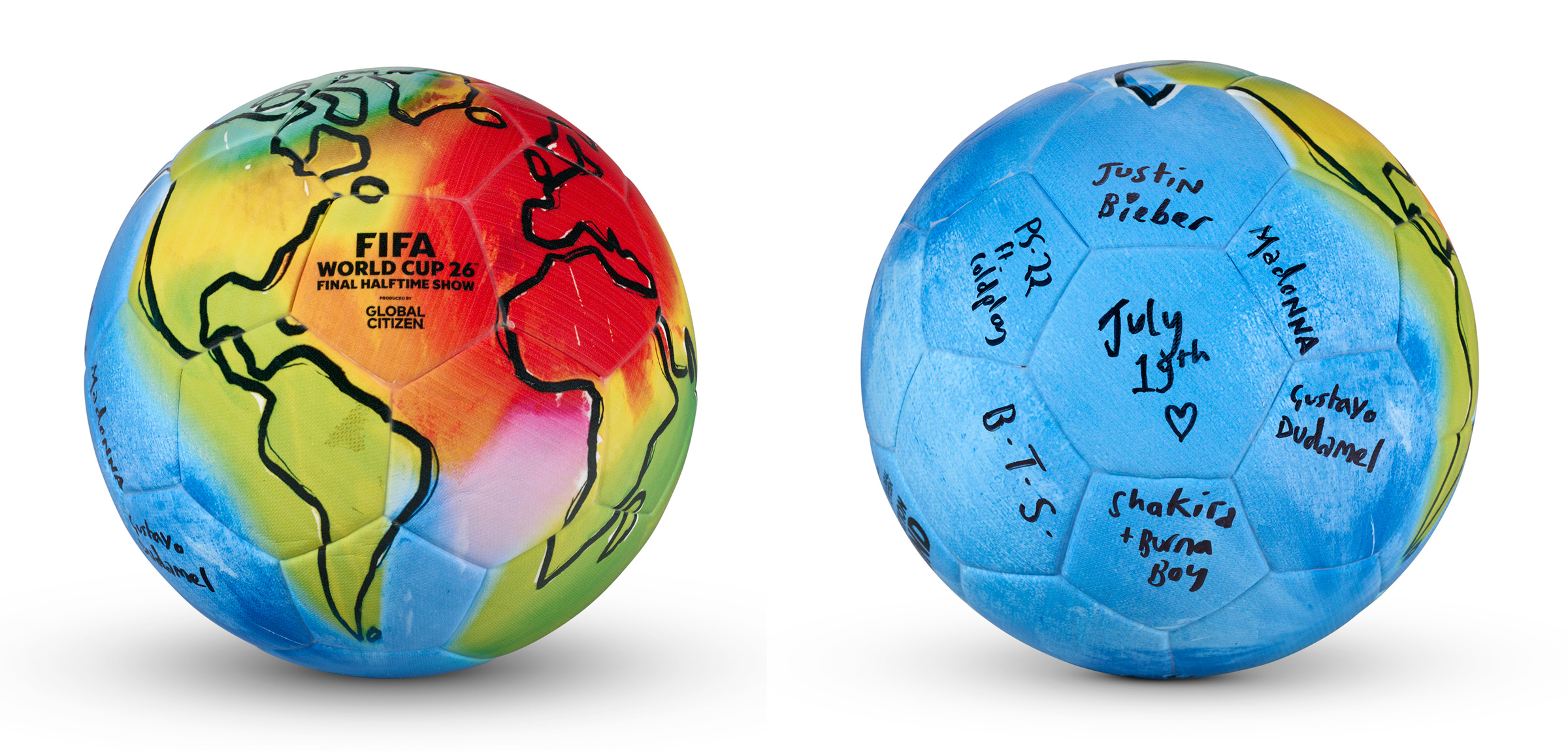 A colorful soccer ball features a world map and text related to the FIFA World Cup 26 Final Halftime Show.