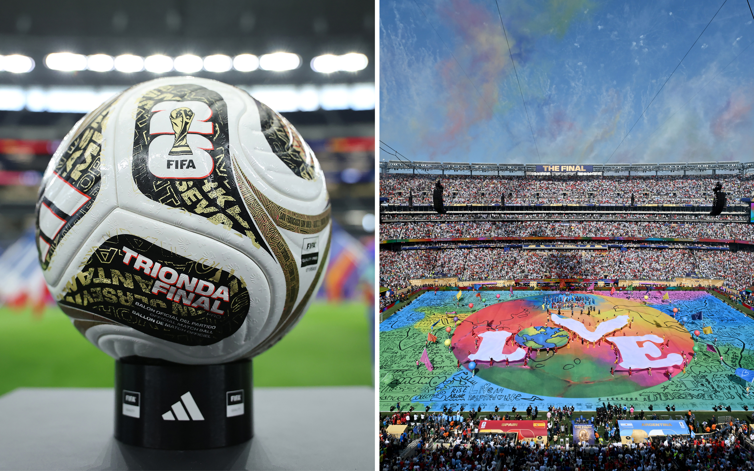 A FIFA soccer ball and a colorful stadium scene with a large "LOVE" artwork on the field.