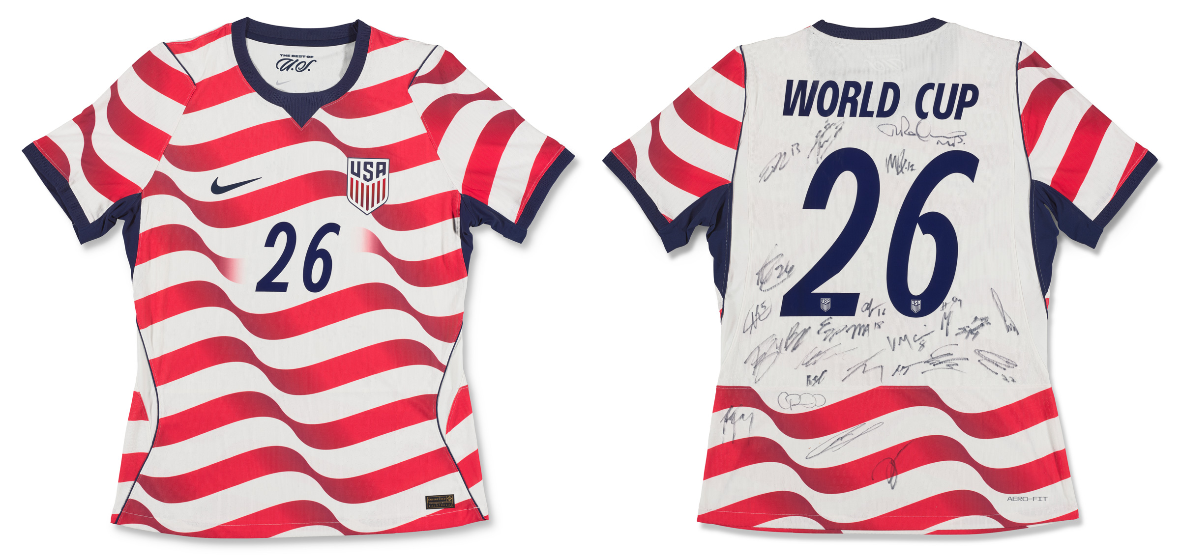 A USA soccer jersey with red and white waves, number 26, and signatures on the back.
