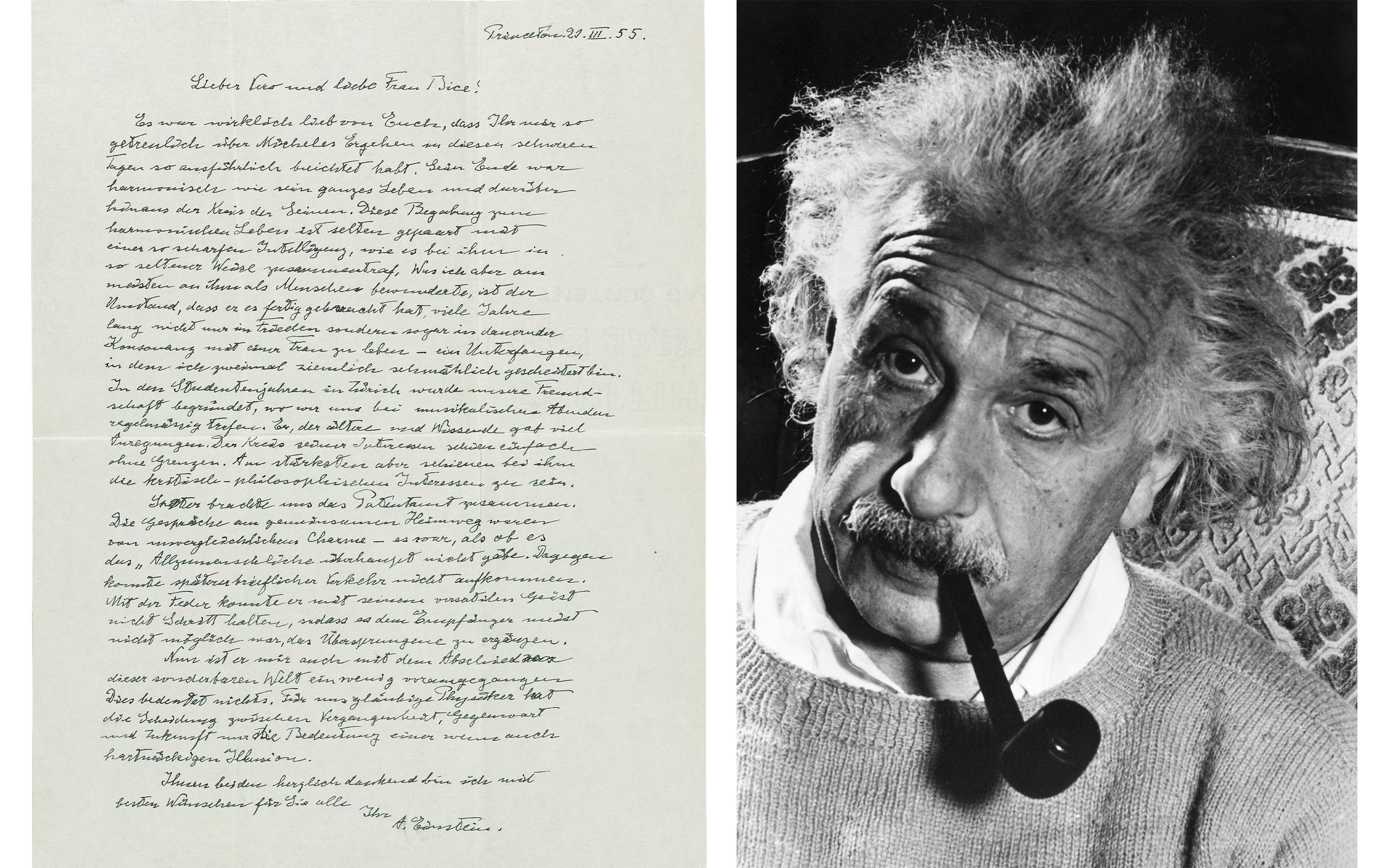 Einstein's great letter of condolence to the family of his closest friend, written only a few weeks before his own death. 'Now he has again preceded me a little in parting from this strange world. This has no importance. For people like us who believe in physics, the separation between past, present and future has only the importance of an admittedly tenacious illusion.' Albert Einstein, autograph letter to Michele Besso's son, Vero, and sister, Bice Rusconi, Princeton, 21 March 1955. Sold for £50,000 on 12 July 2017 at Christie's in London
