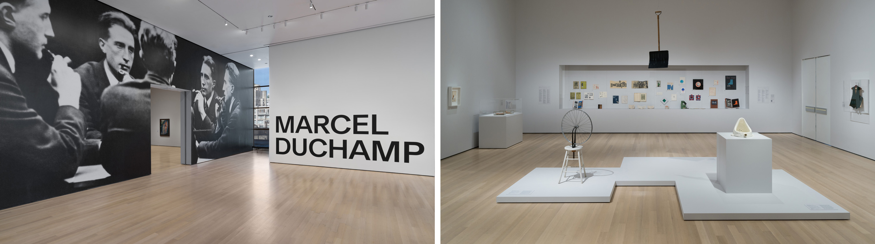 A modern art gallery features a Marcel Duchamp exhibition with minimalist displays and large portraits.