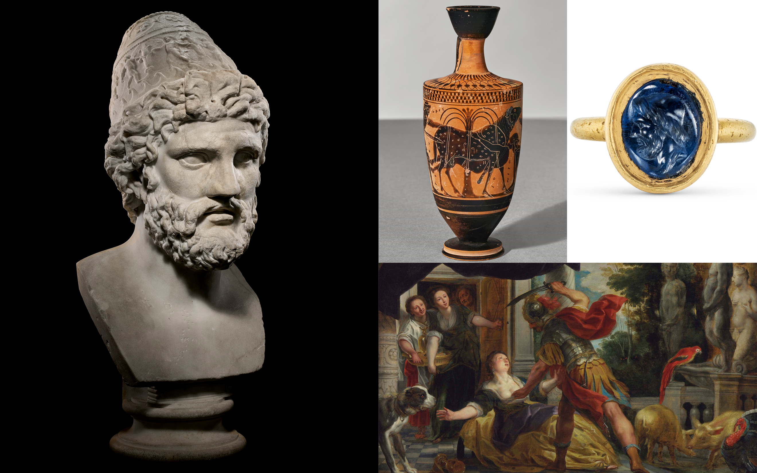 A collage of ancient artifacts: a marble bust, a painted vase, a gold ring, and a classical painting.