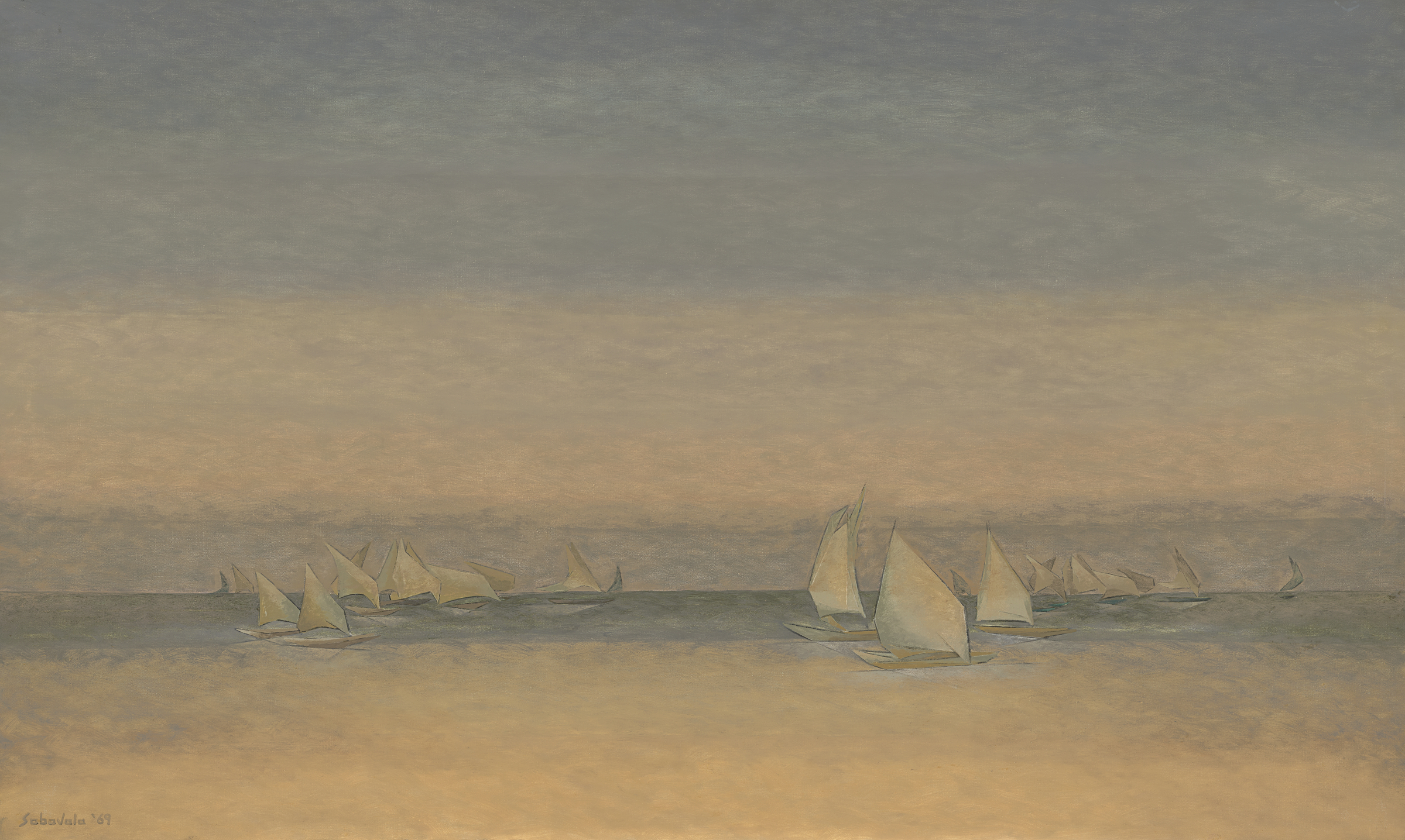 Several sailboats gently float on calm water under a soft, muted sky at sunset.