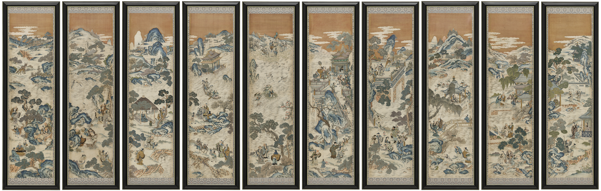 A series of ten traditional Asian landscape paintings depict intricate scenes of mountains and figures.