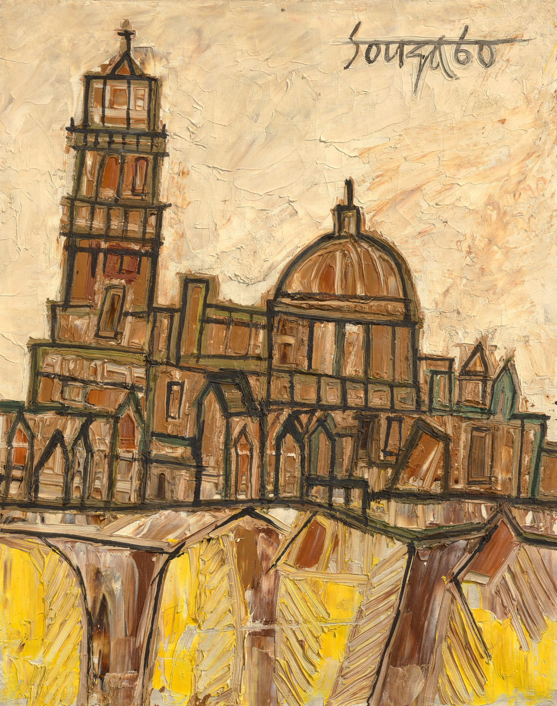 An abstract painting of a cathedral with earthy tones and bold outlines on a textured background.
