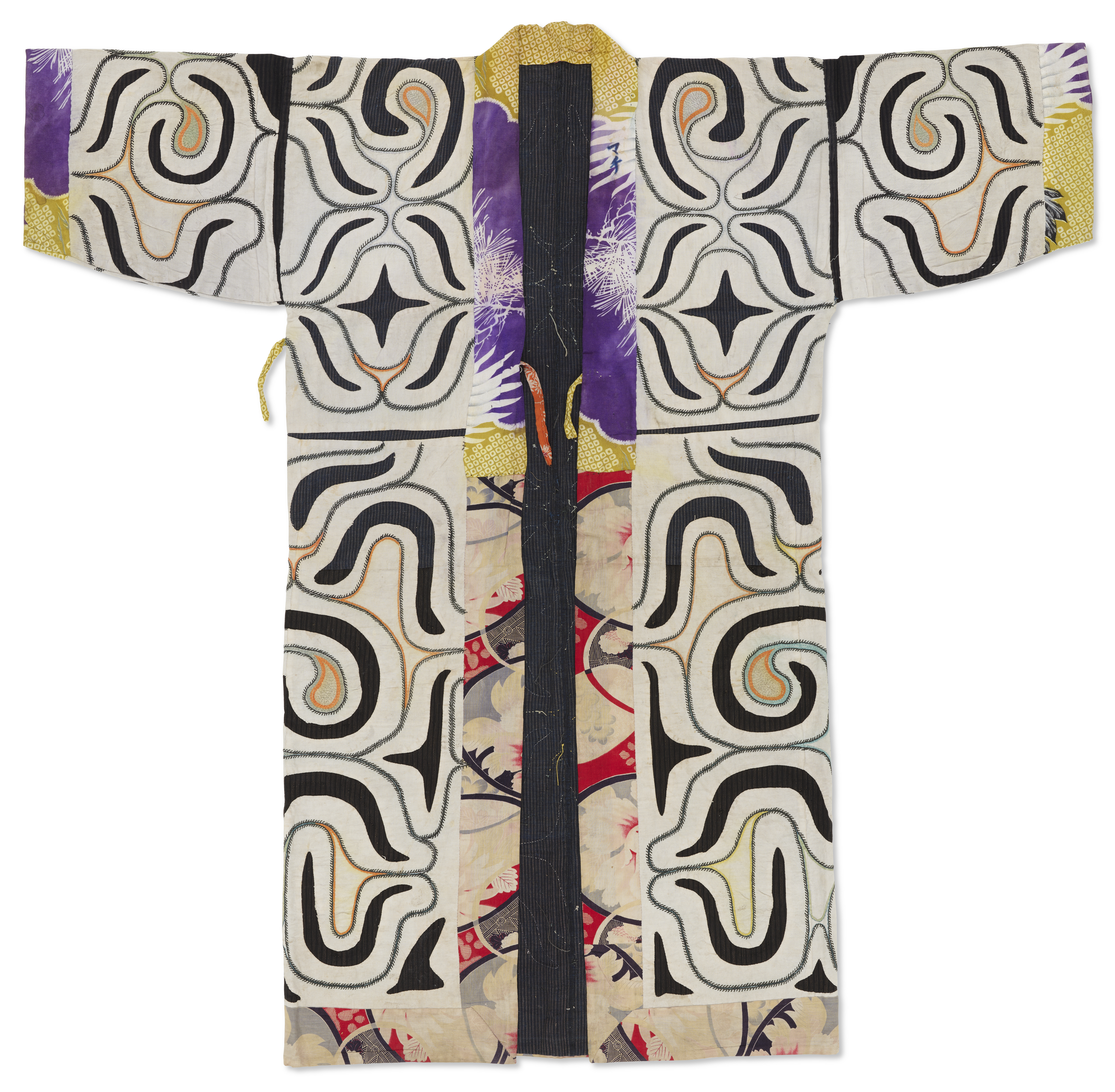 A traditional garment with abstract black, orange, and purple patterns on a cream background.