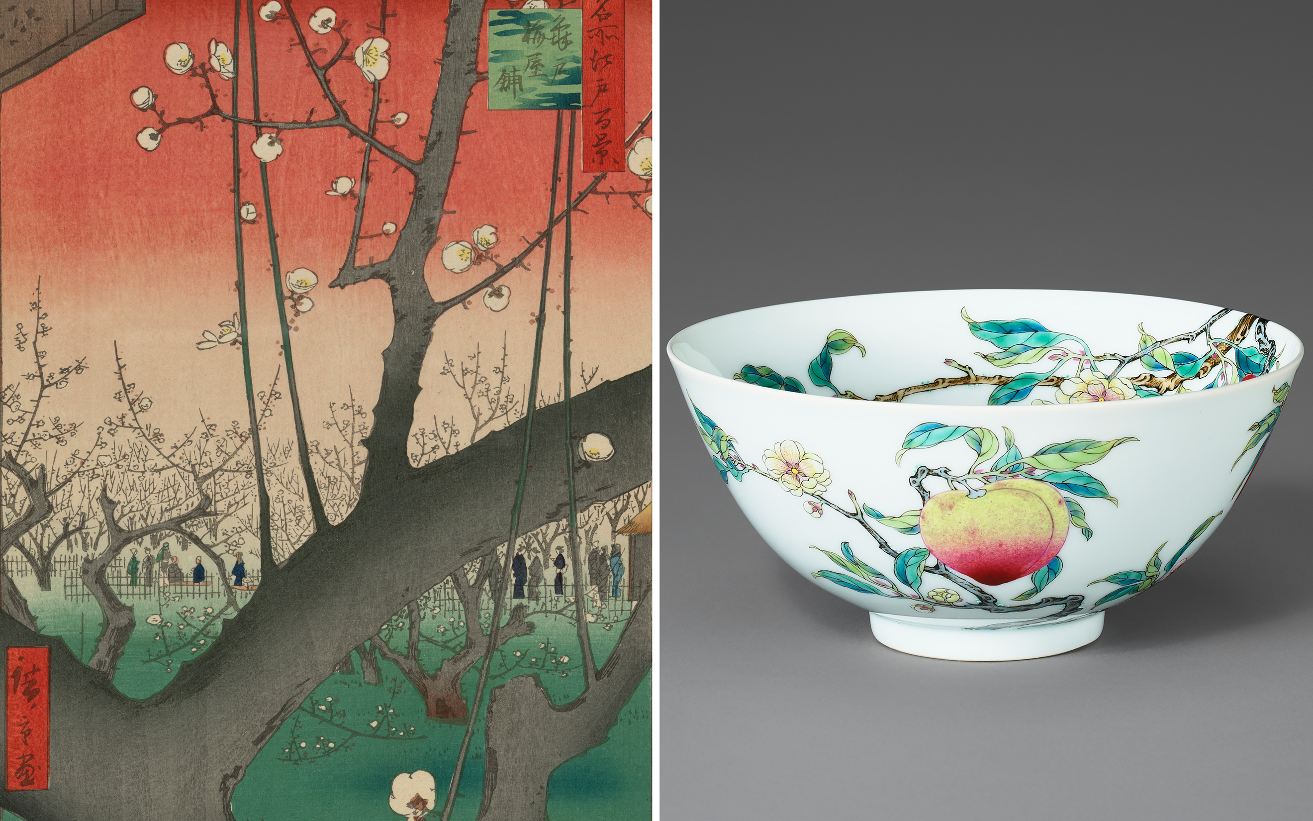 A Japanese woodblock print of blooming plum trees and a porcelain bowl decorated with peach branches.