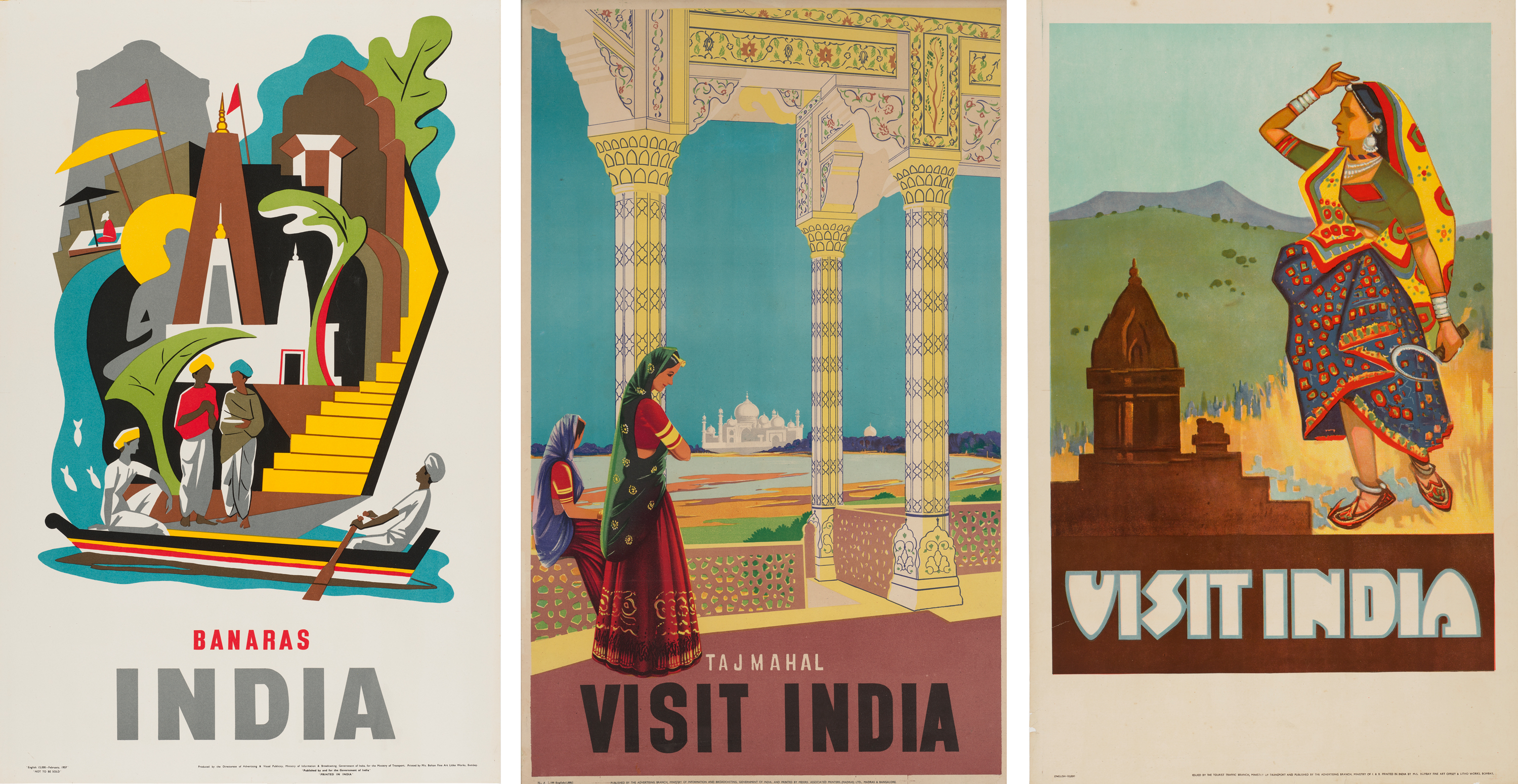 Three vintage travel posters promoting visits to Banaras, Taj Mahal, and India with colorful art.