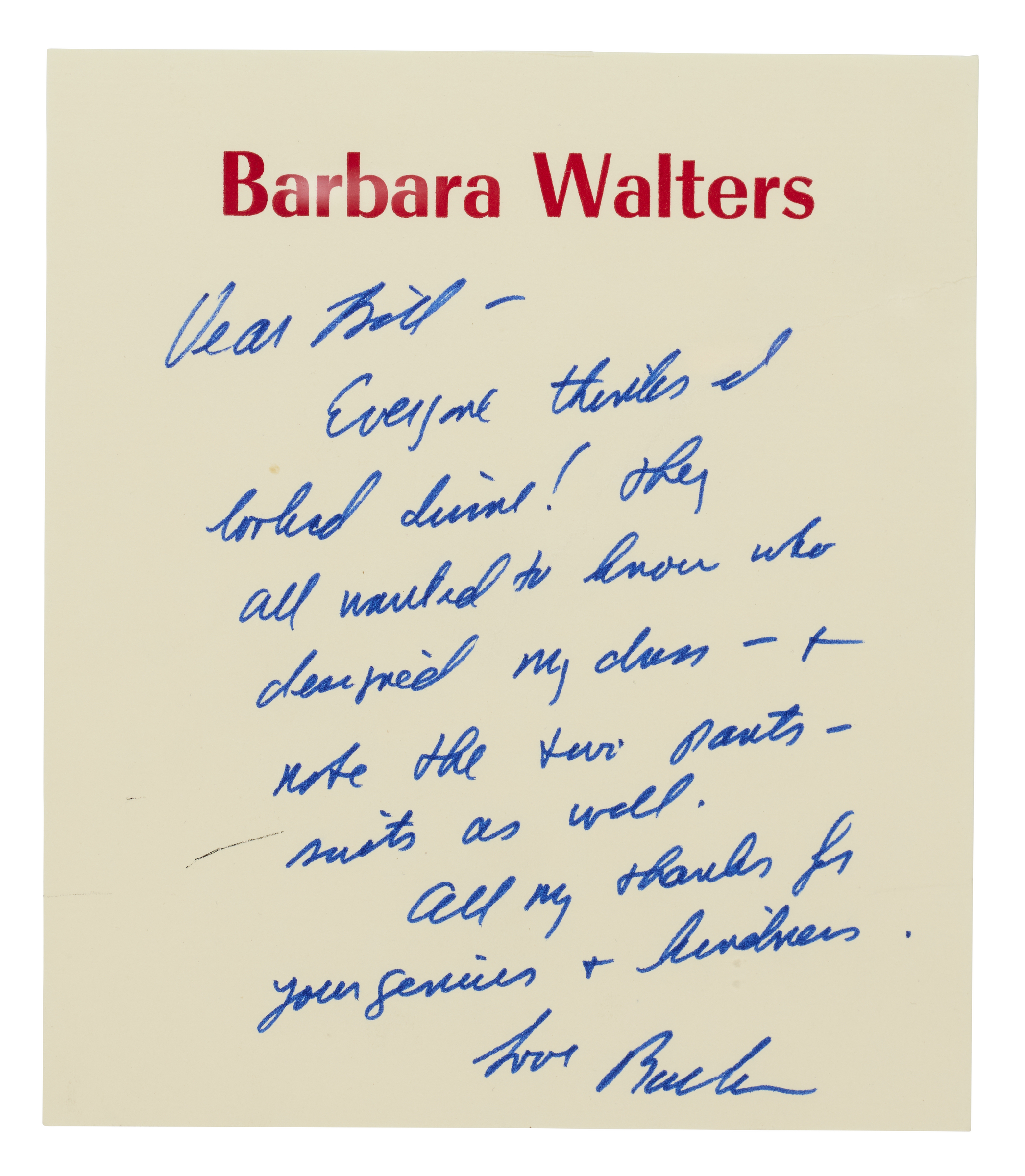 A handwritten thank you note on Barbara Walters letterhead praising fashion choices.
