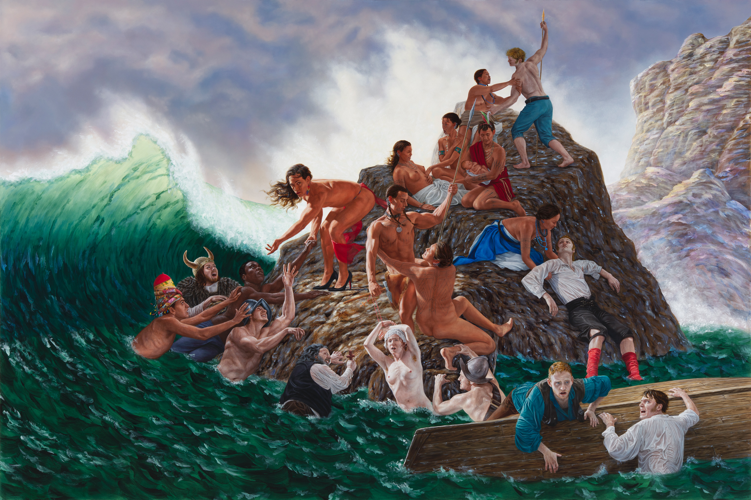 People struggle to survive on a rocky outcrop amid turbulent waves and a large crashing sea.