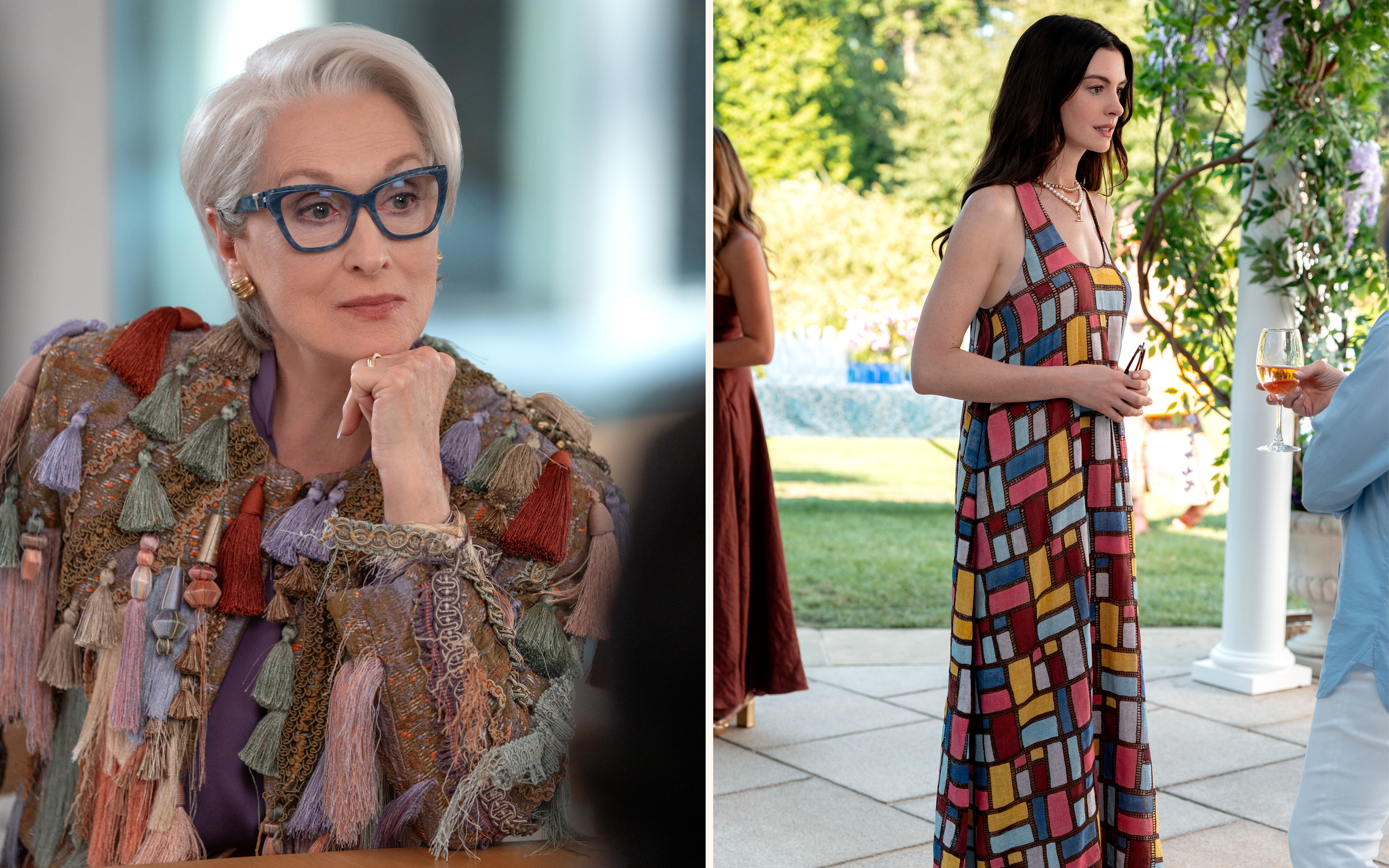 A stylish older woman with glasses sits indoors while a young woman in a colorful dress stands outside.