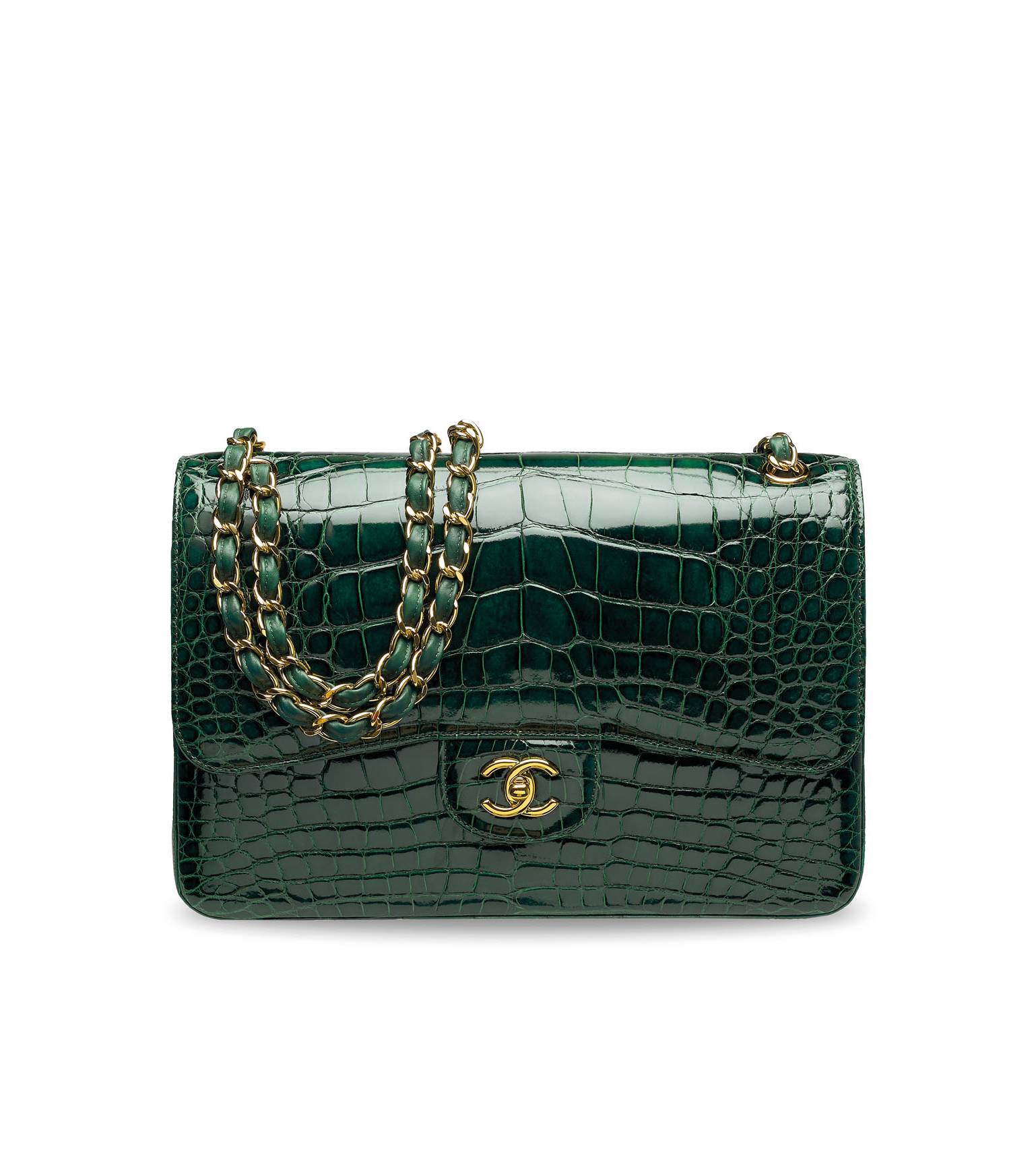 A dark green crocodile leather handbag with a gold chain strap and a gold logo clasp.