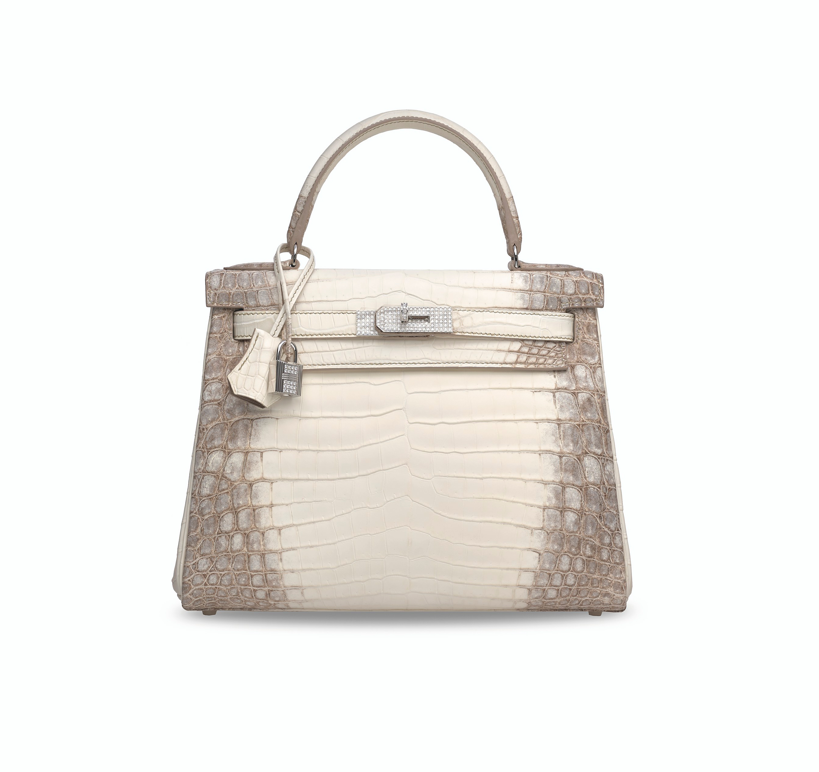 A luxury white and beige crocodile leather handbag with a top handle and silver hardware.