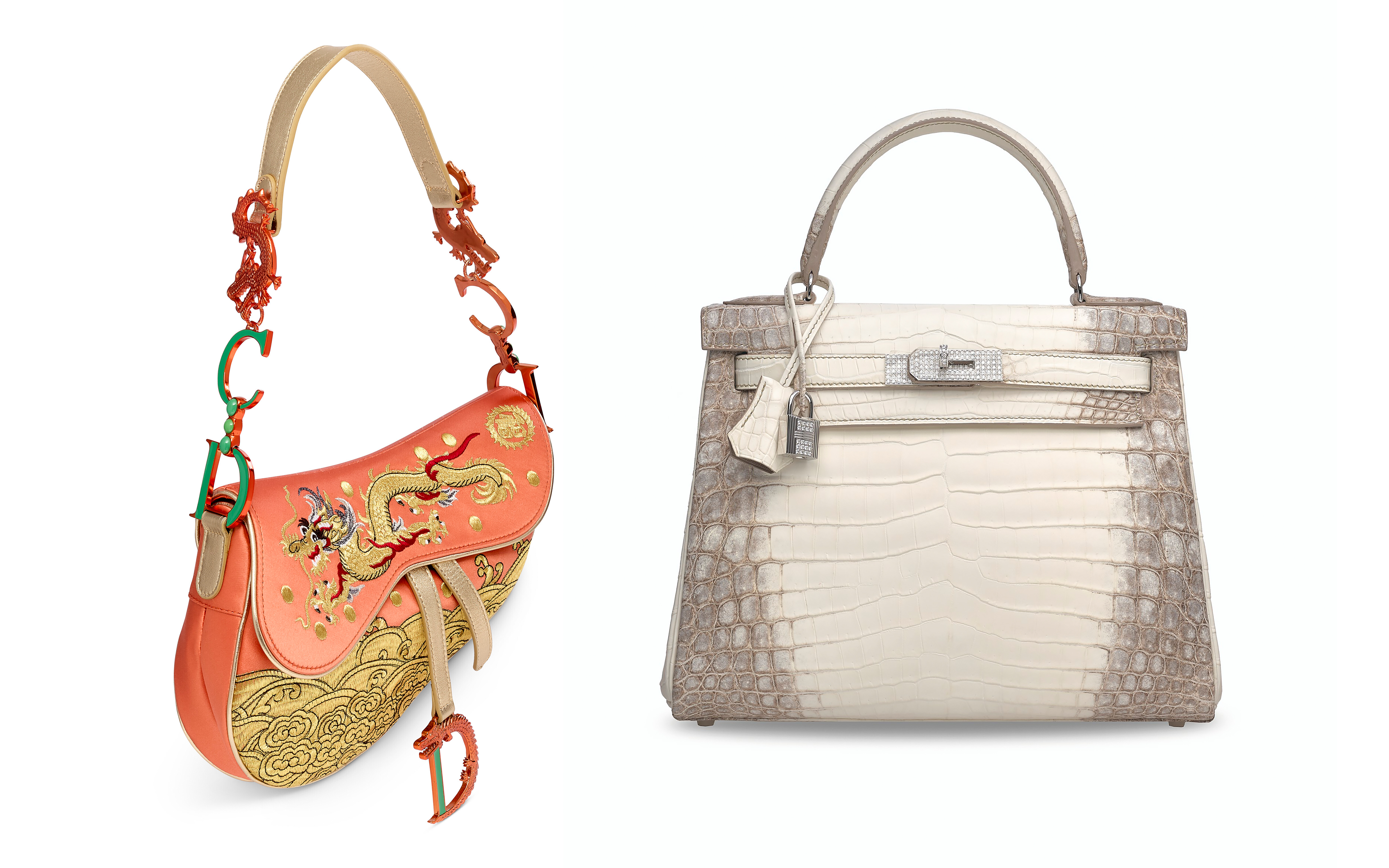 Two luxury handbags: one colorful and embroidered, the other white crocodile leather with a lock.