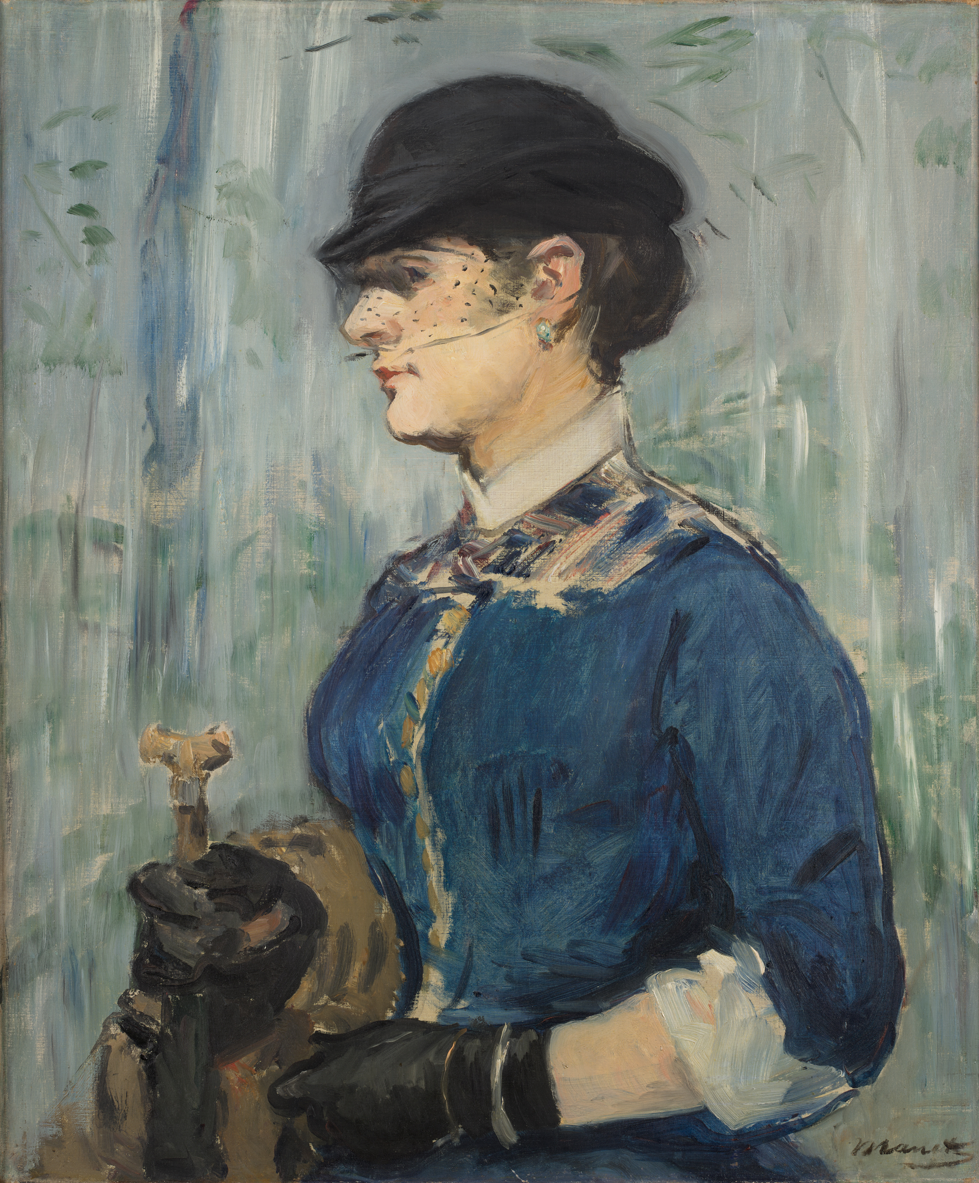 A woman in a blue dress and black hat is shown in profile against a soft, abstract background.