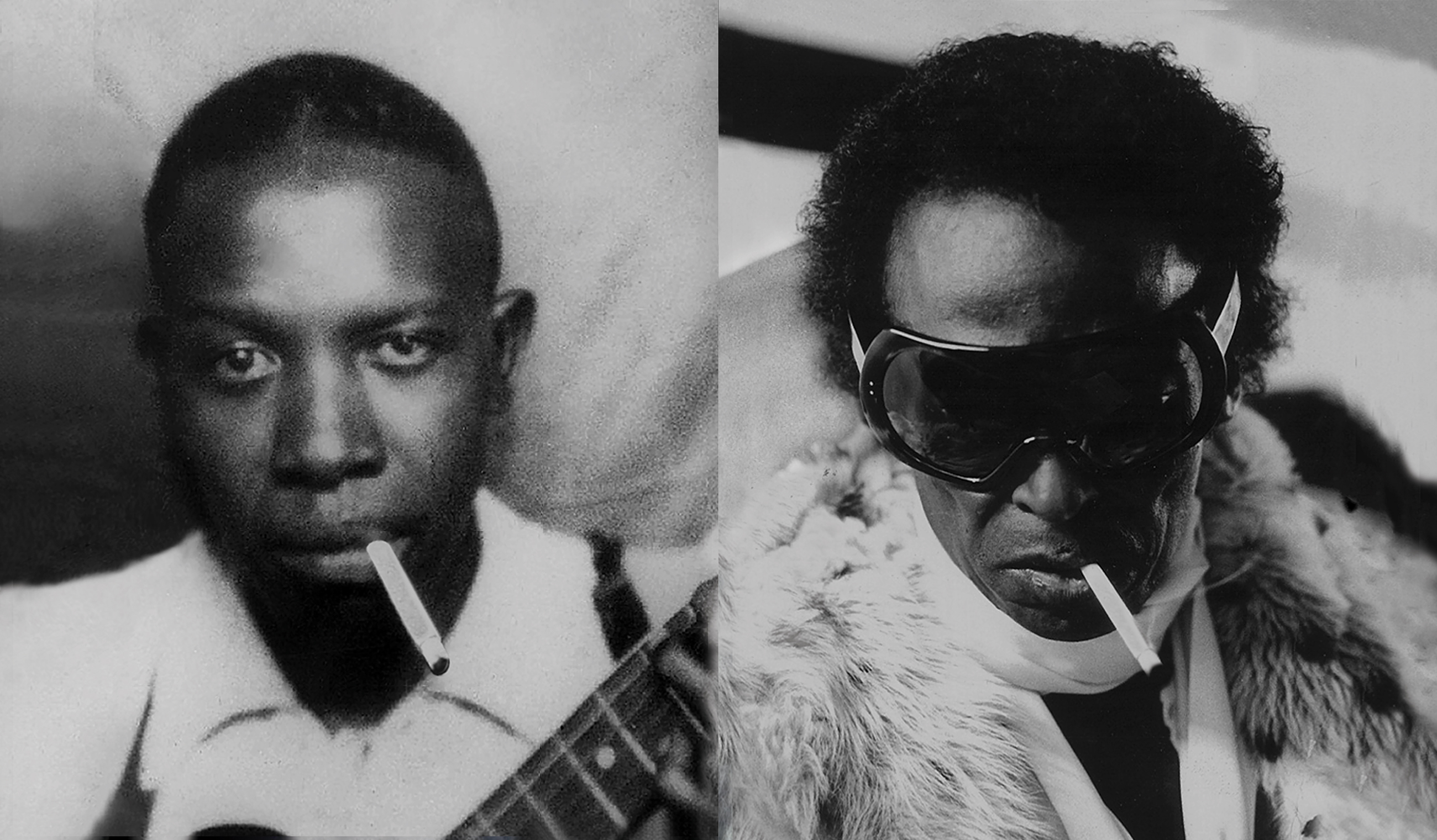 Two black-and-white portraits of men, each with a cigarette in their mouth.