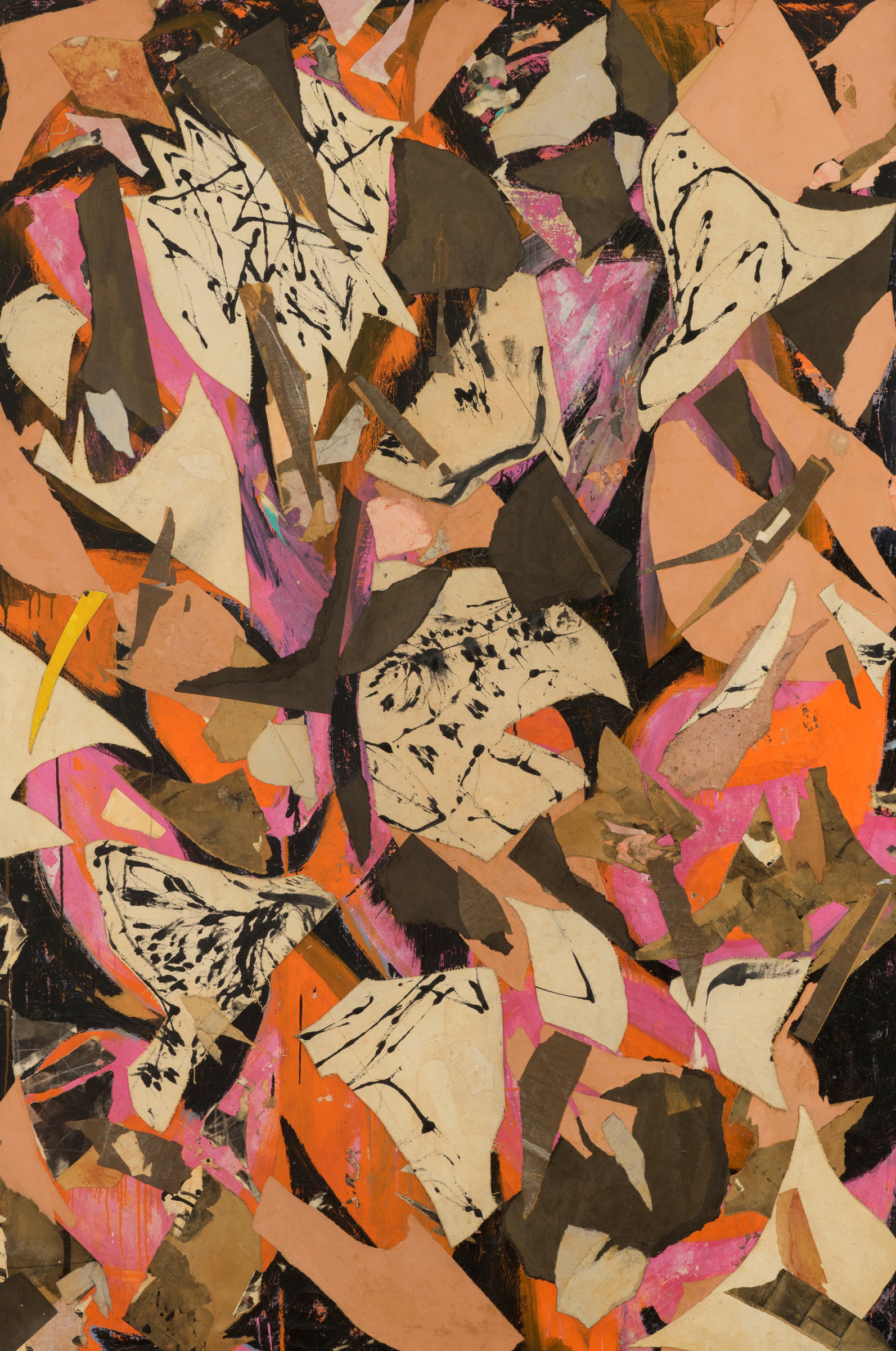 The image shows an abstract collage with layered paper shapes in beige, brown, orange, pink, and black.