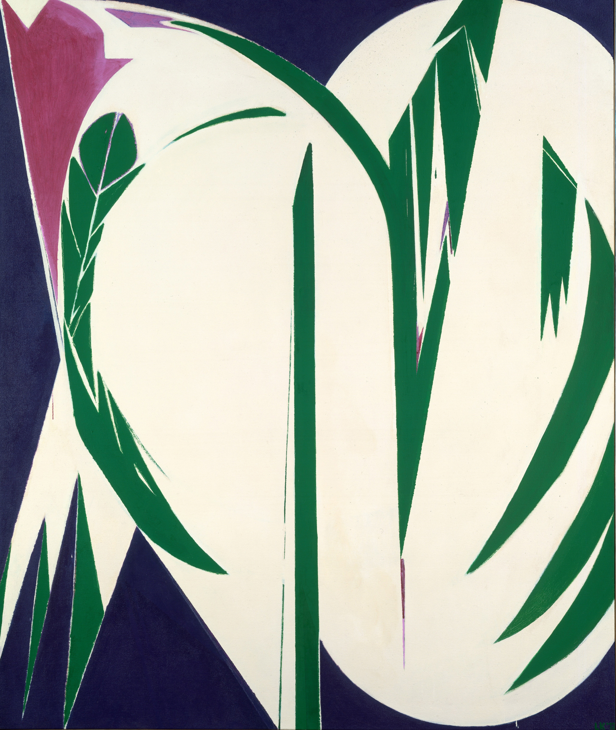 Abstract painting with bold green, white, purple, and dark blue shapes suggesting stylized leaves.