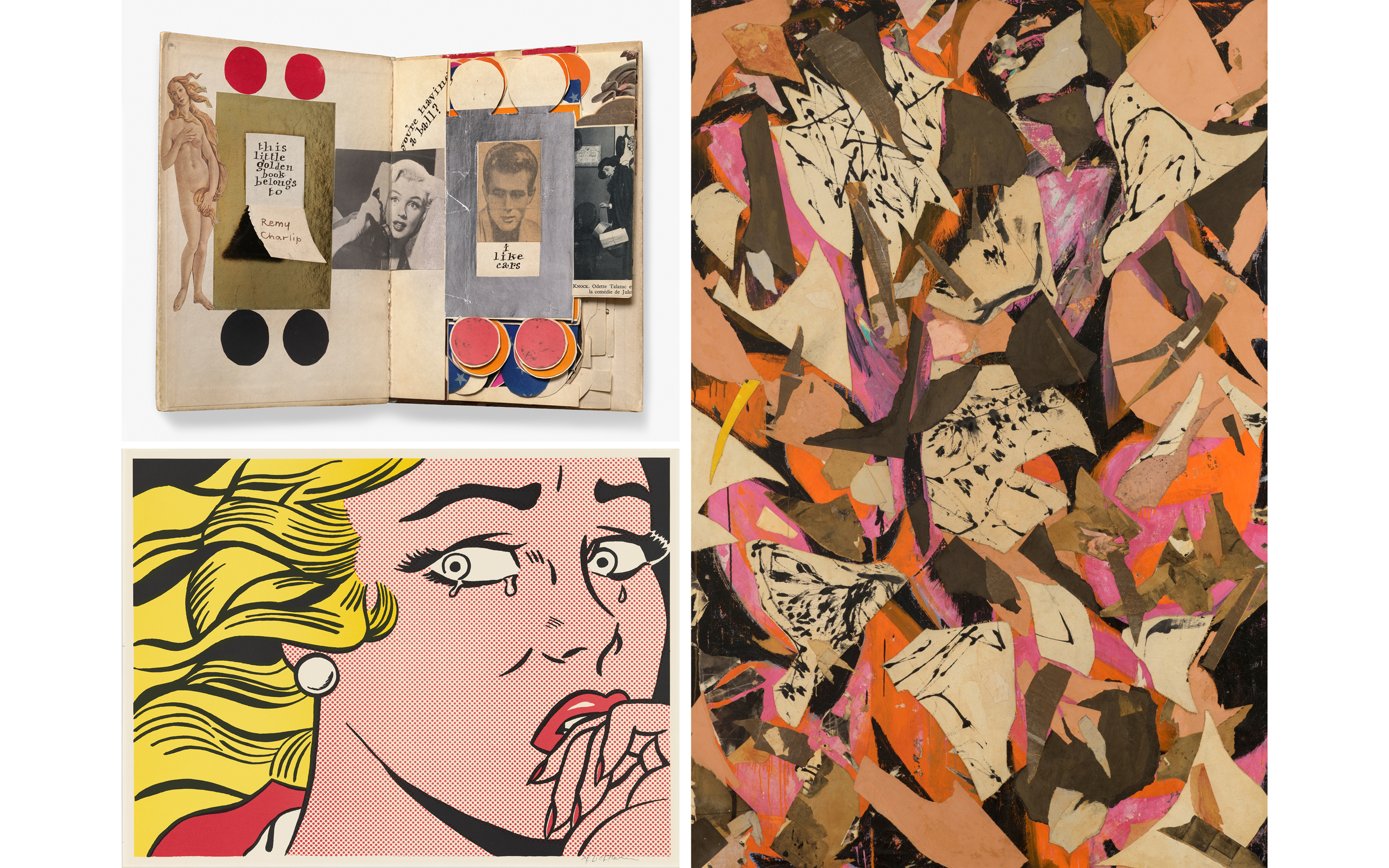 The image features a collage art book, an abstract painting with torn paper, and a pop art woman. | A collage of three artworks: a scrapbook page, an abstract piece, and a pop art comic woman.