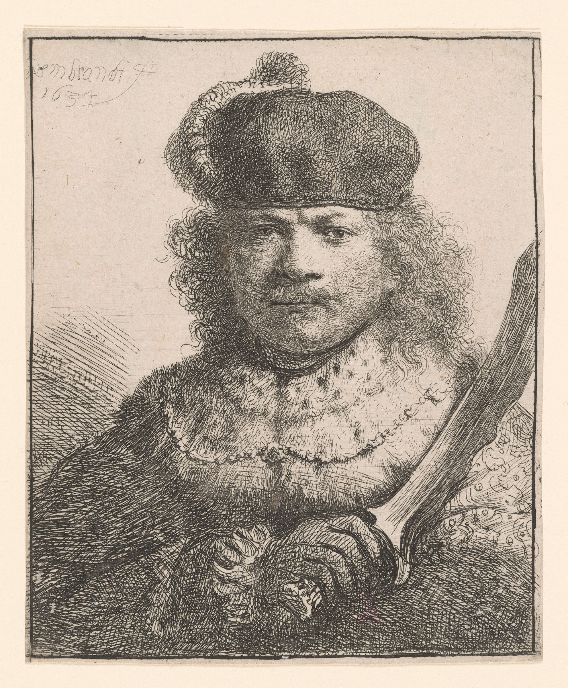A man in a fur-collared coat and cap holds a curved sword, depicted in a detailed etching.
