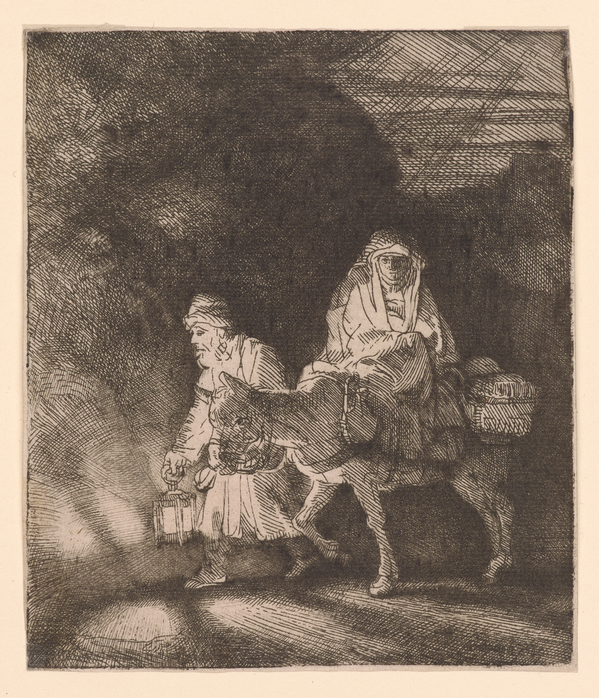 A man leads a donkey carrying a woman and baskets, lighting the dark path with a lantern.