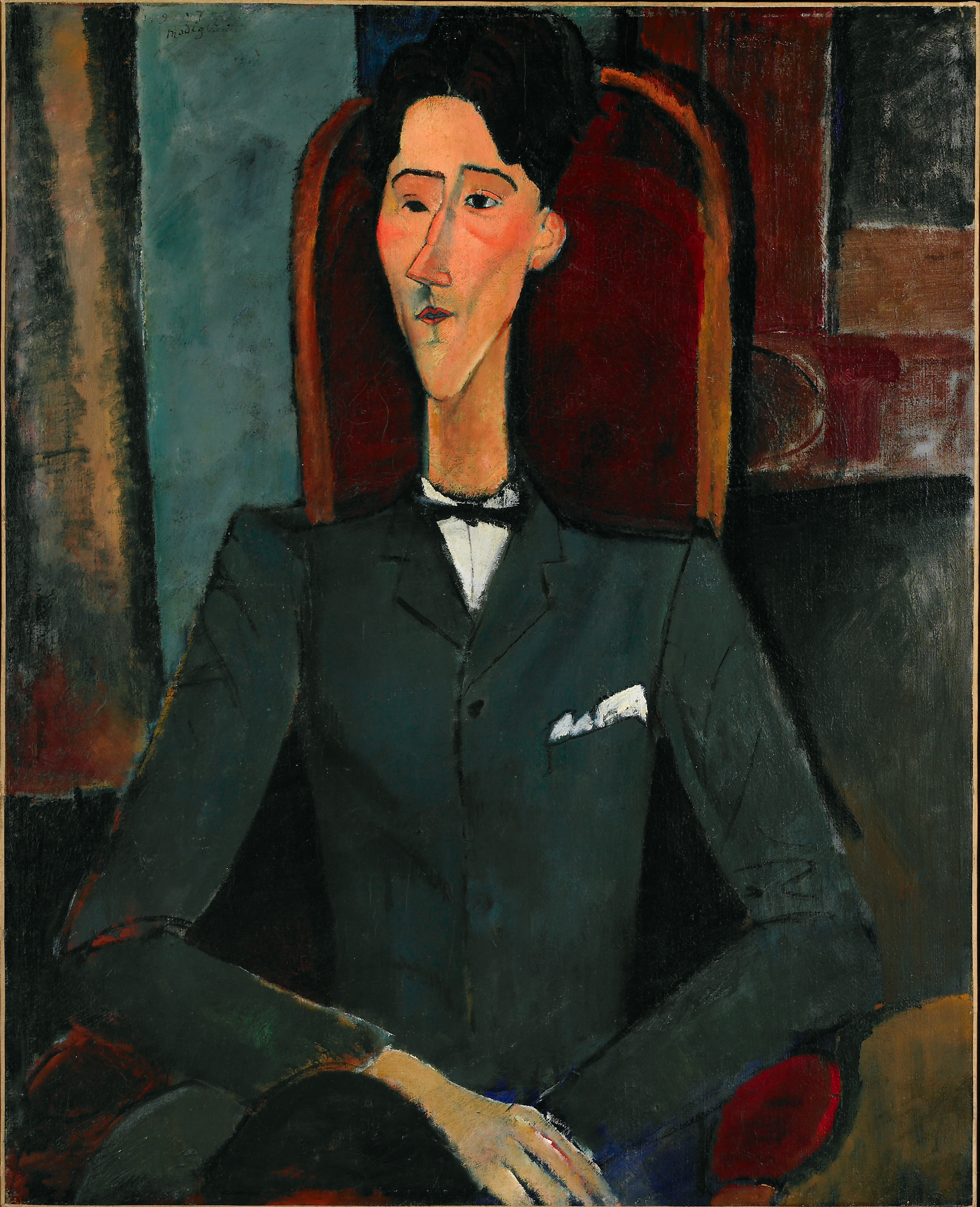 A stylized portrait of a man in a suit sitting on a chair with elongated facial features.