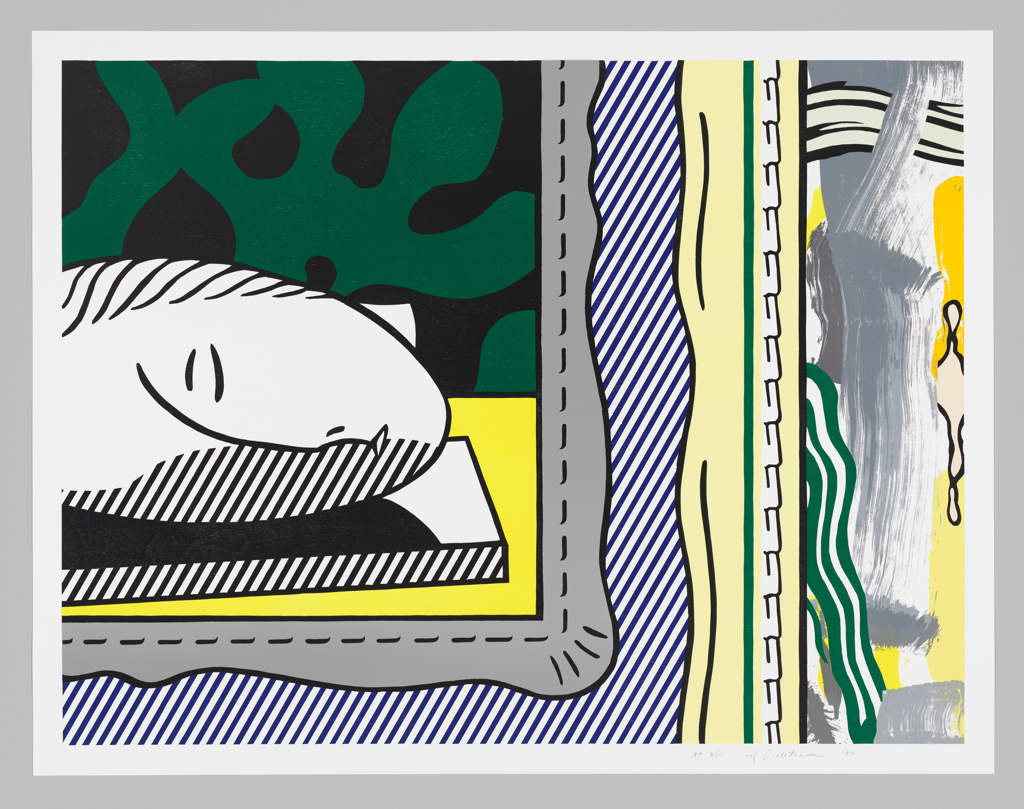 A colorful pop art illustration features abstract shapes and a stylized face resting on a pillow.