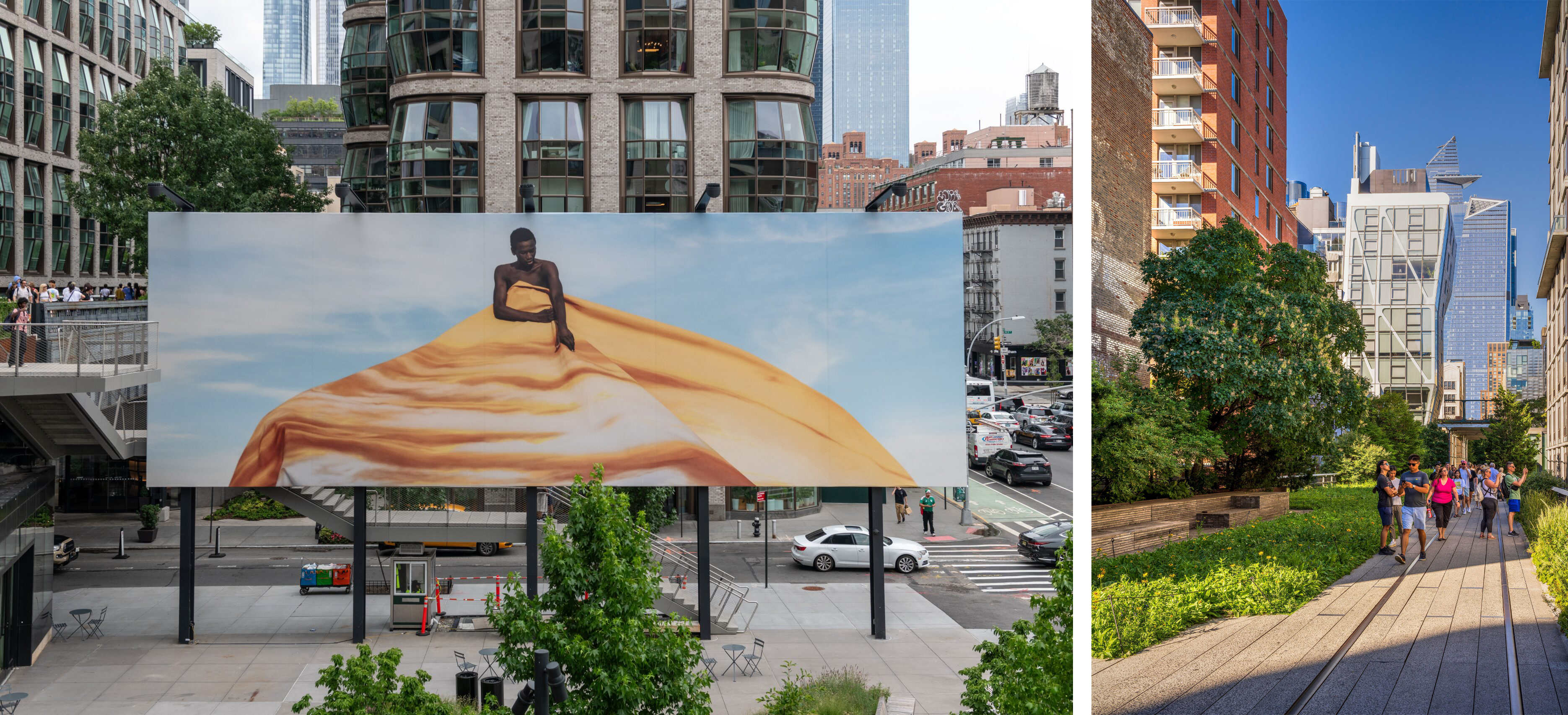 The image shows an urban scene with modern buildings, a large art billboard, and a green walkway.