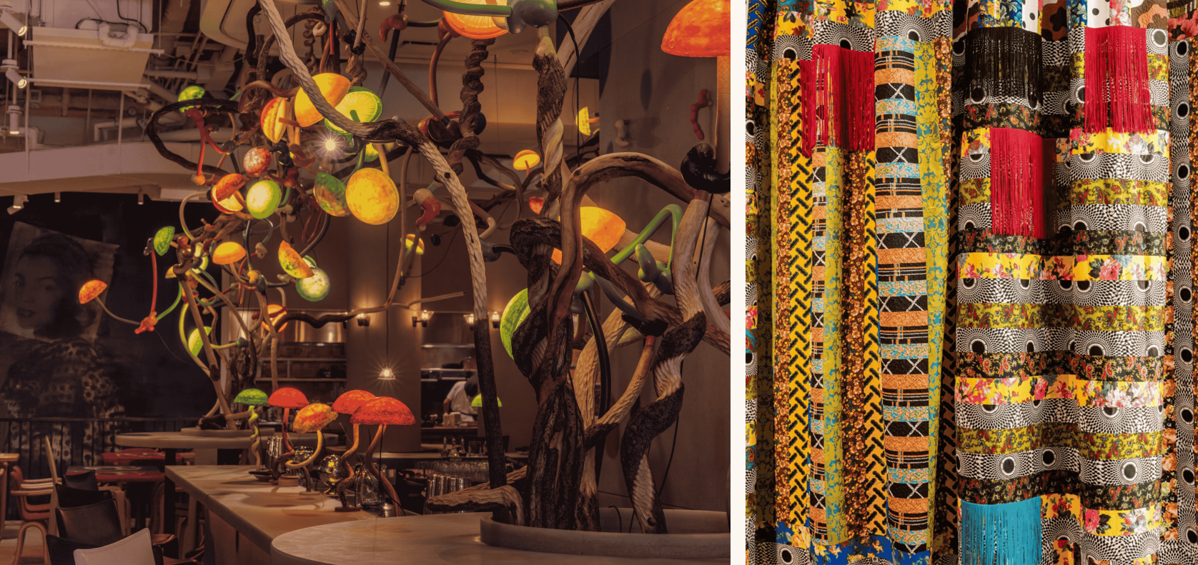 The image shows a restaurant with whimsical, colorful lighting and patterned, vibrant fabric curtains.