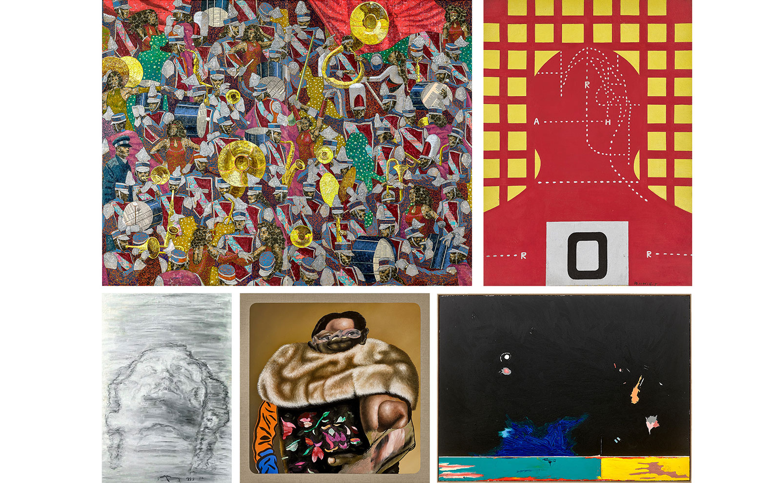 A collage of five diverse and colorful abstract and figurative artworks is displayed together.