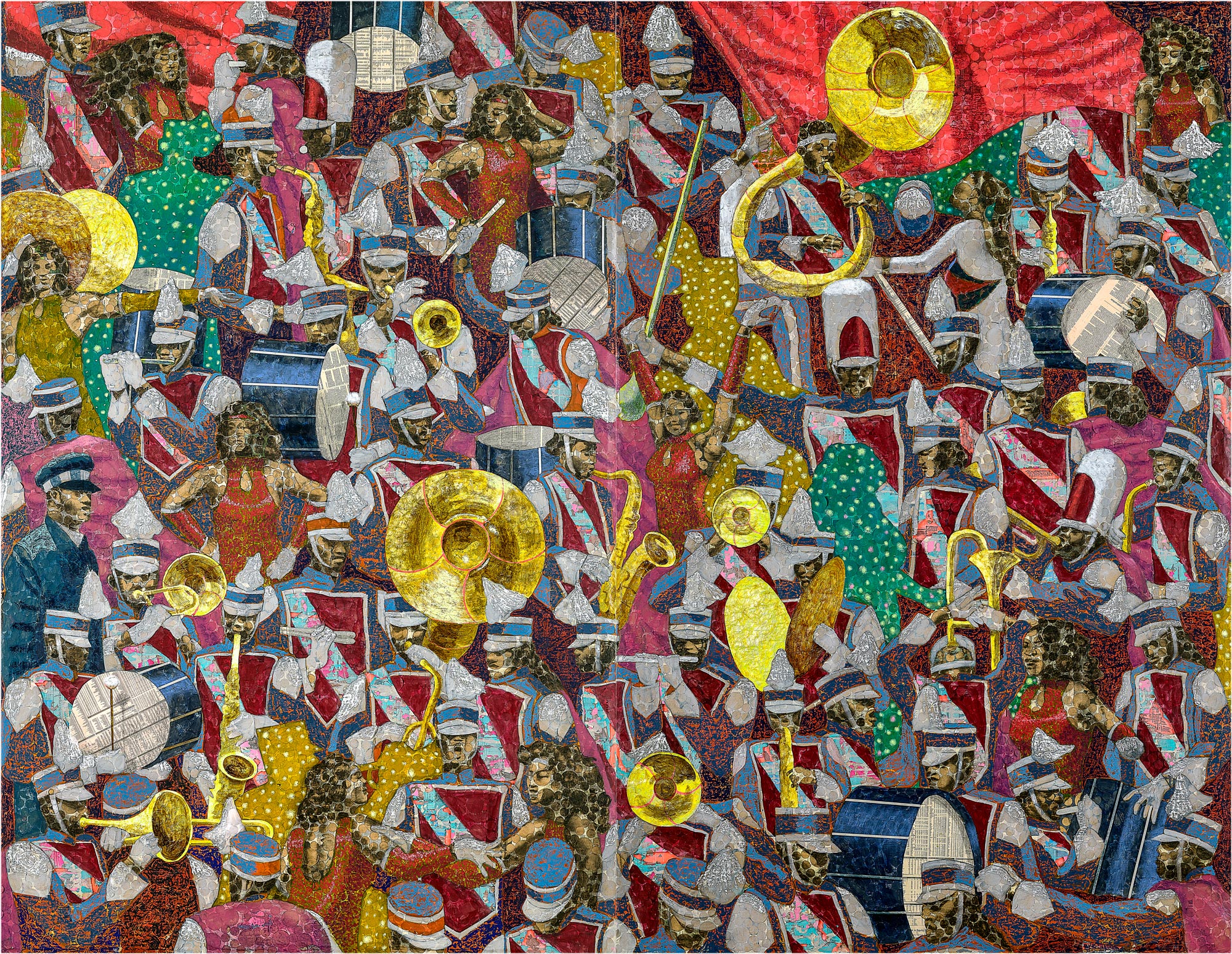 Derek Fordjour (B.1974), Showtime!, 2020. Acrylic, charcoal, cardboard, oil, pastel and foil on newspaper mounted on canvas. 2 panels. 274.3 x 355.6 cm. Estimate: HK$3,200,000-5,200,000. Offered in 20th/21st Century Evening Sale on 29 September 2026 at Christie’s in Hong Kong 