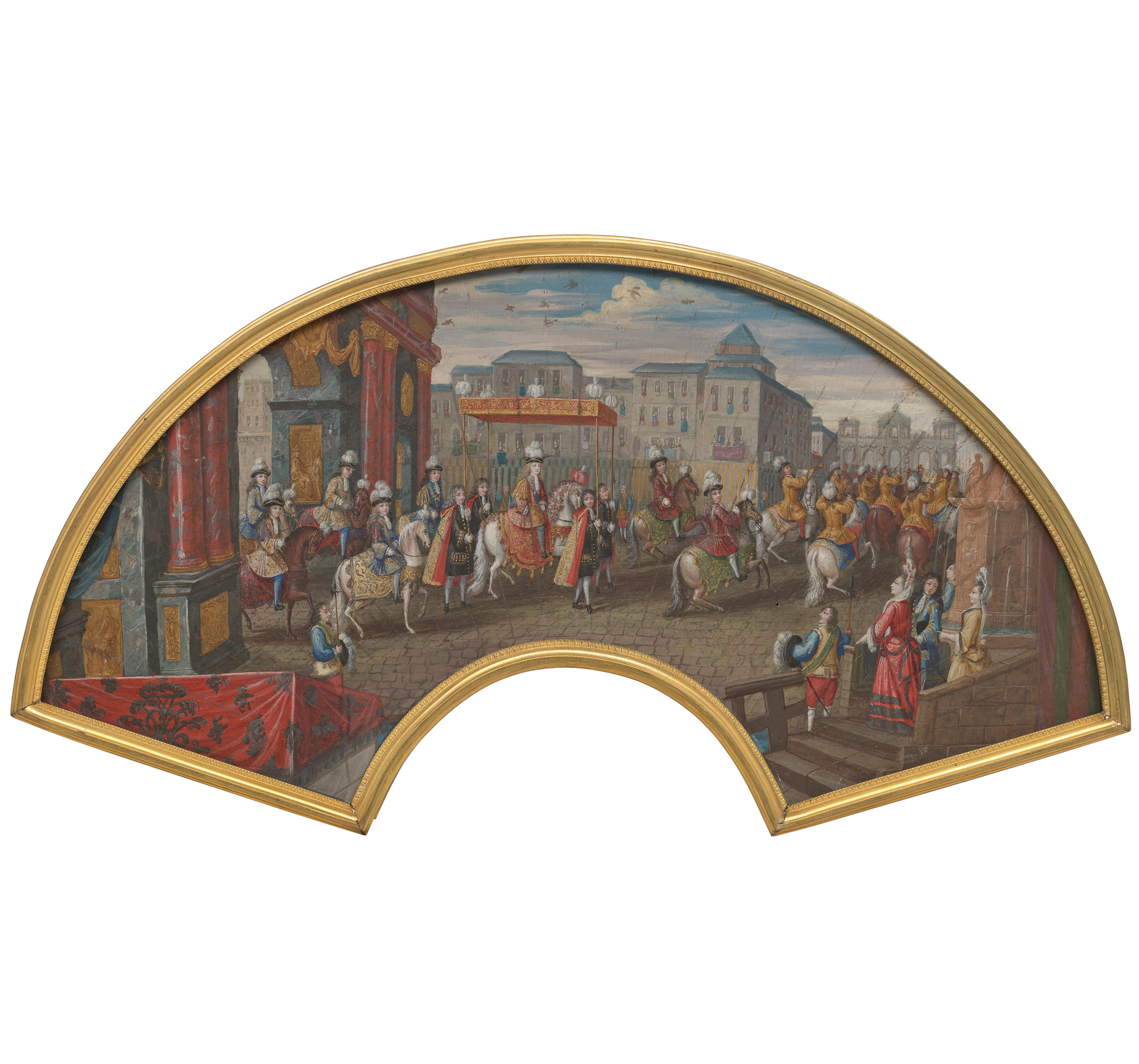 A procession of figures in historical attire is depicted on horseback in a city scene.