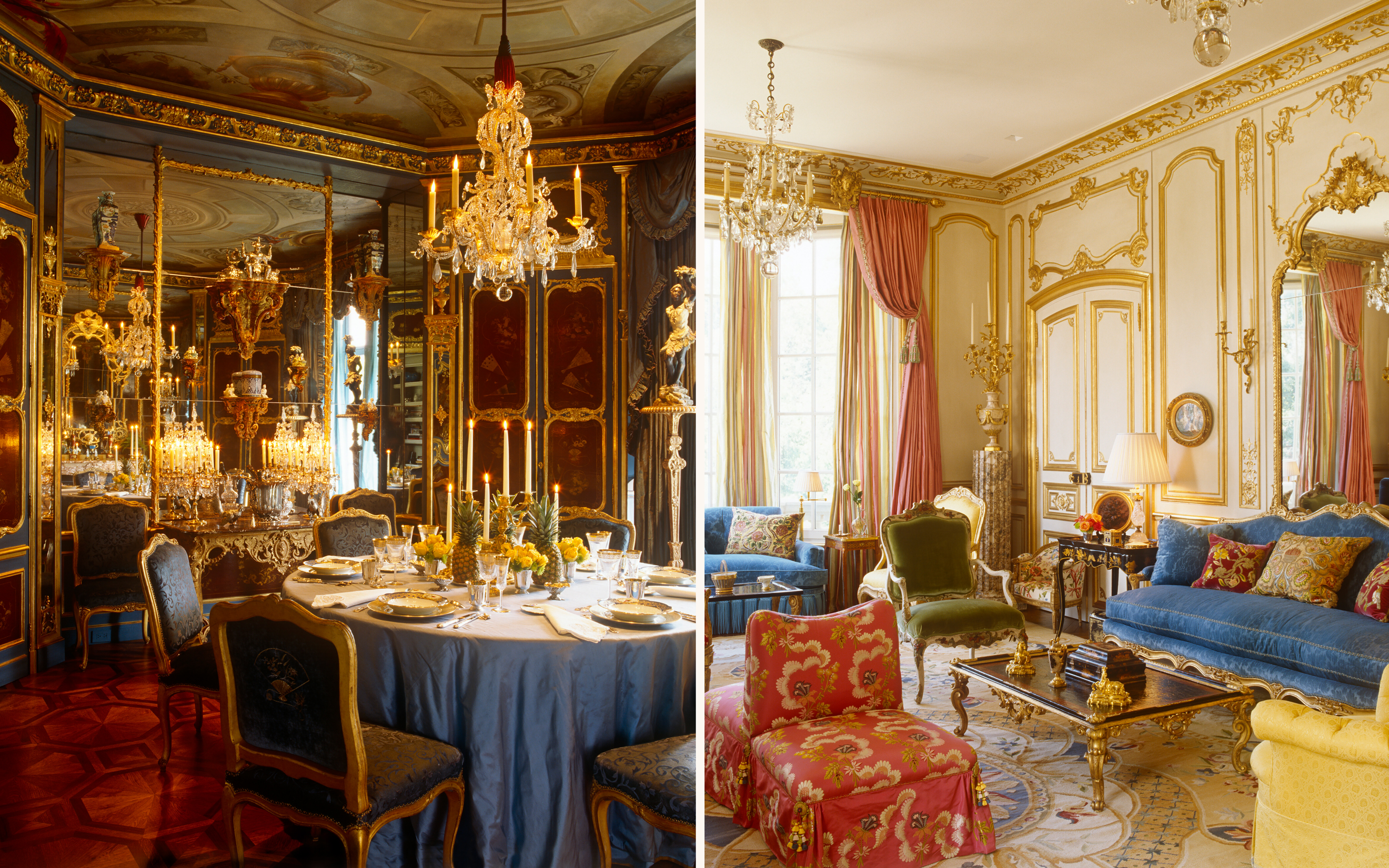 Elegant rooms with ornate decor, chandeliers, gold detailing, and luxurious furnishings.