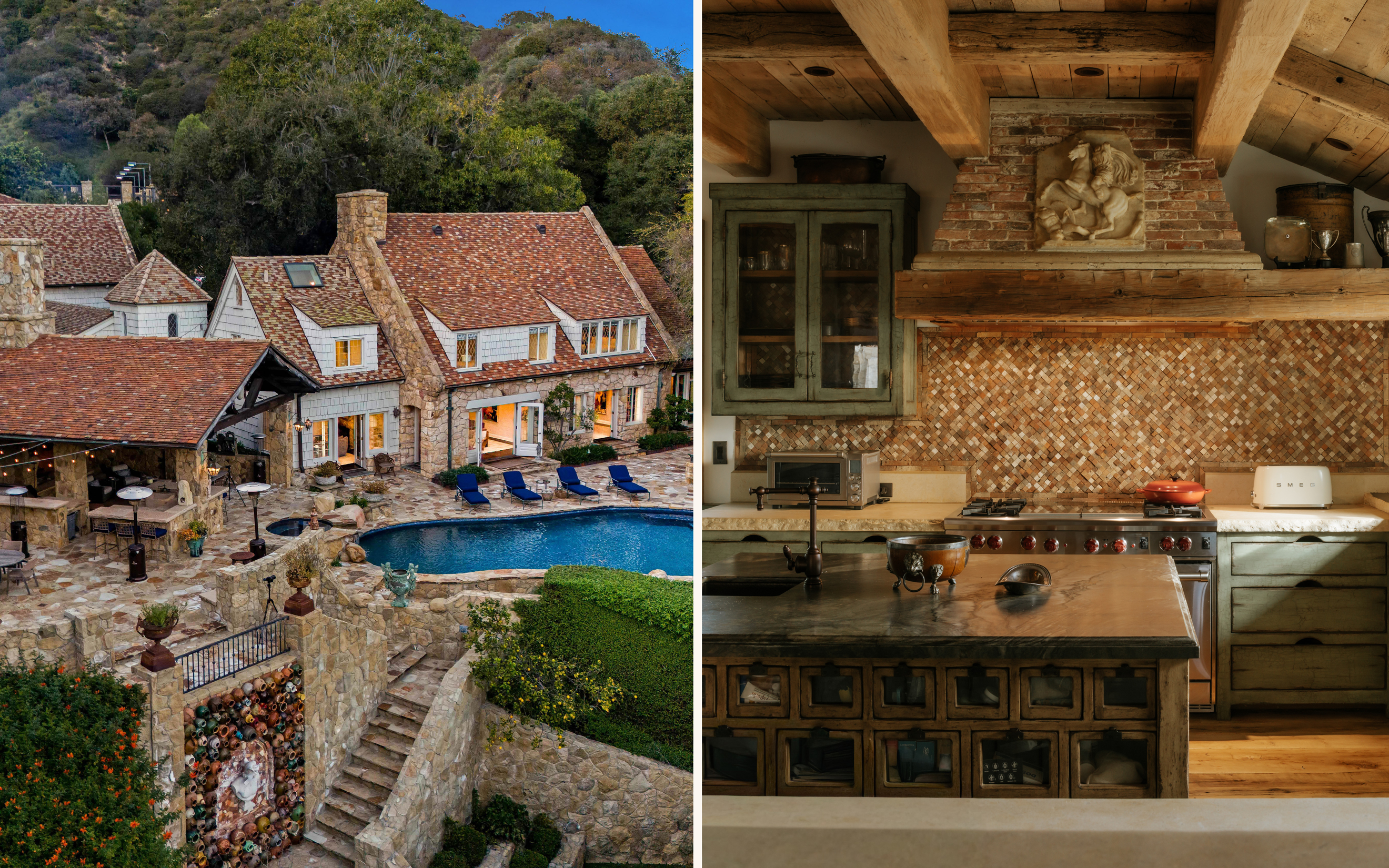 A rustic stone house with a pool and a cozy kitchen featuring wooden beams and brickwork.