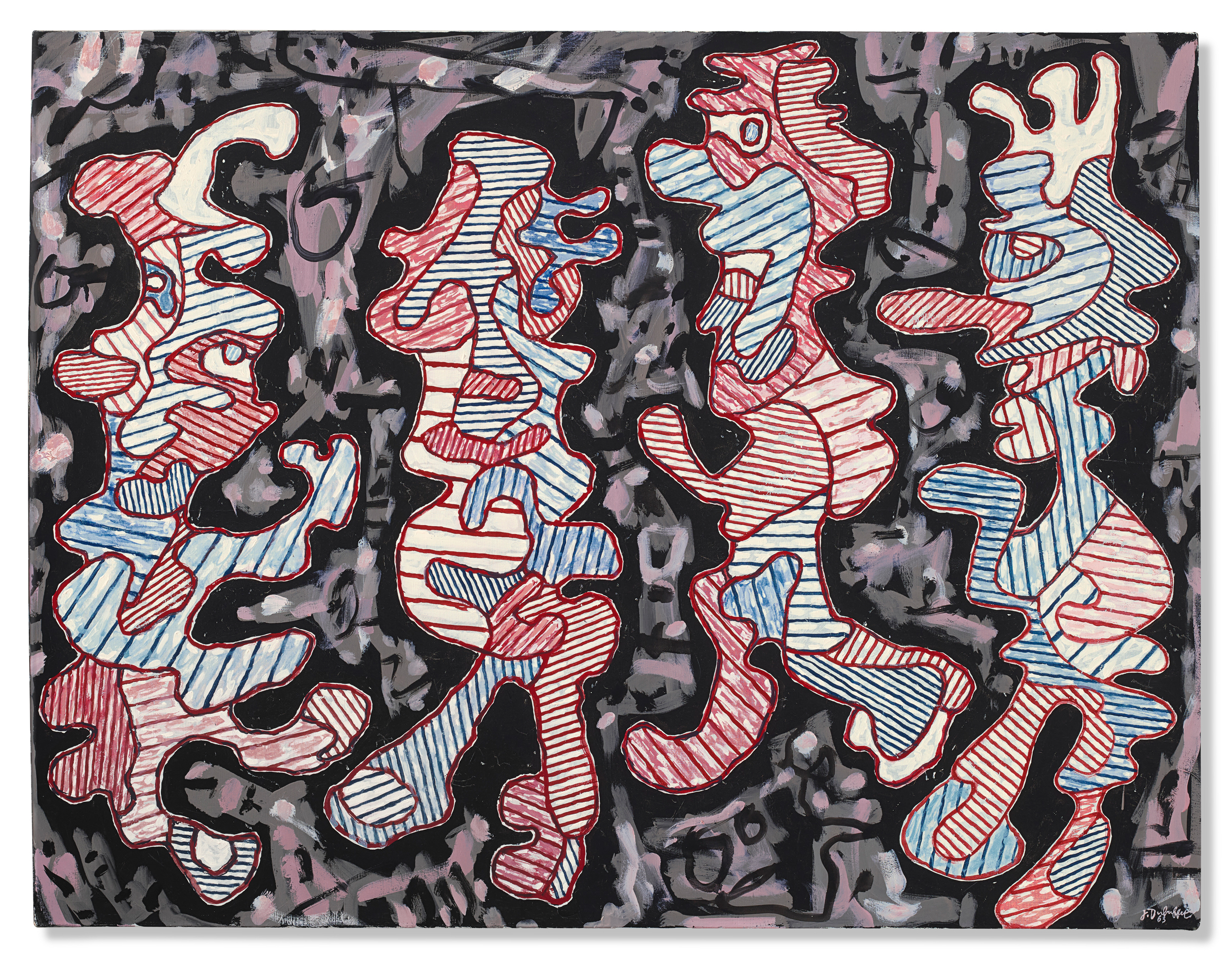 Four abstract, striped figures in red and blue stand against a chaotic black and gray background.