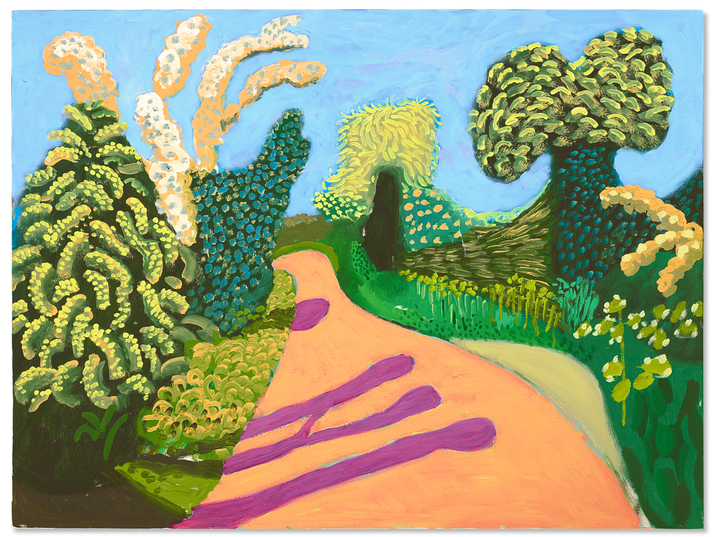 A colorful, abstract painting depicts a winding path through vibrant, whimsical foliage and trees.