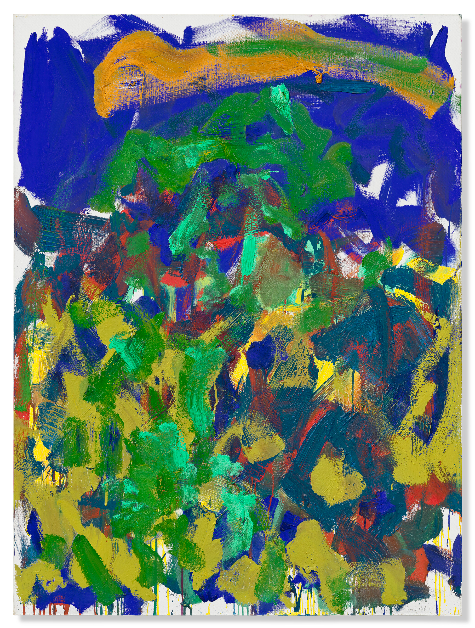 An abstract painting with bold strokes of blue, green, yellow, orange, and hints of red.