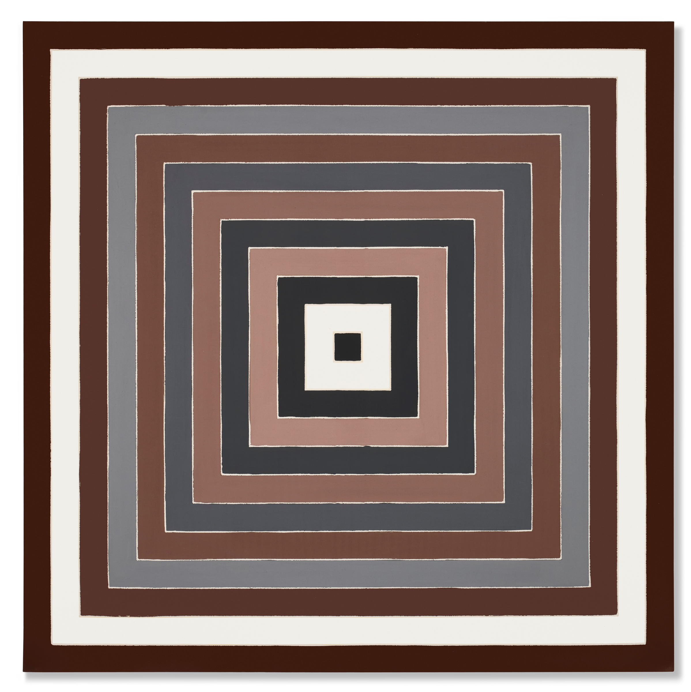 A series of concentric squares in brown, gray, black, and white create a geometric pattern.