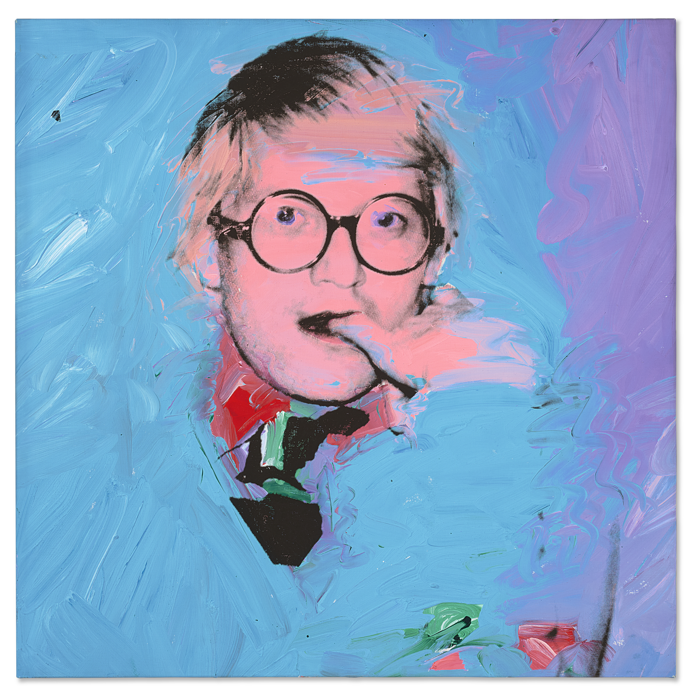 A colorful, abstract portrait of a person with glasses and their finger near their mouth.
