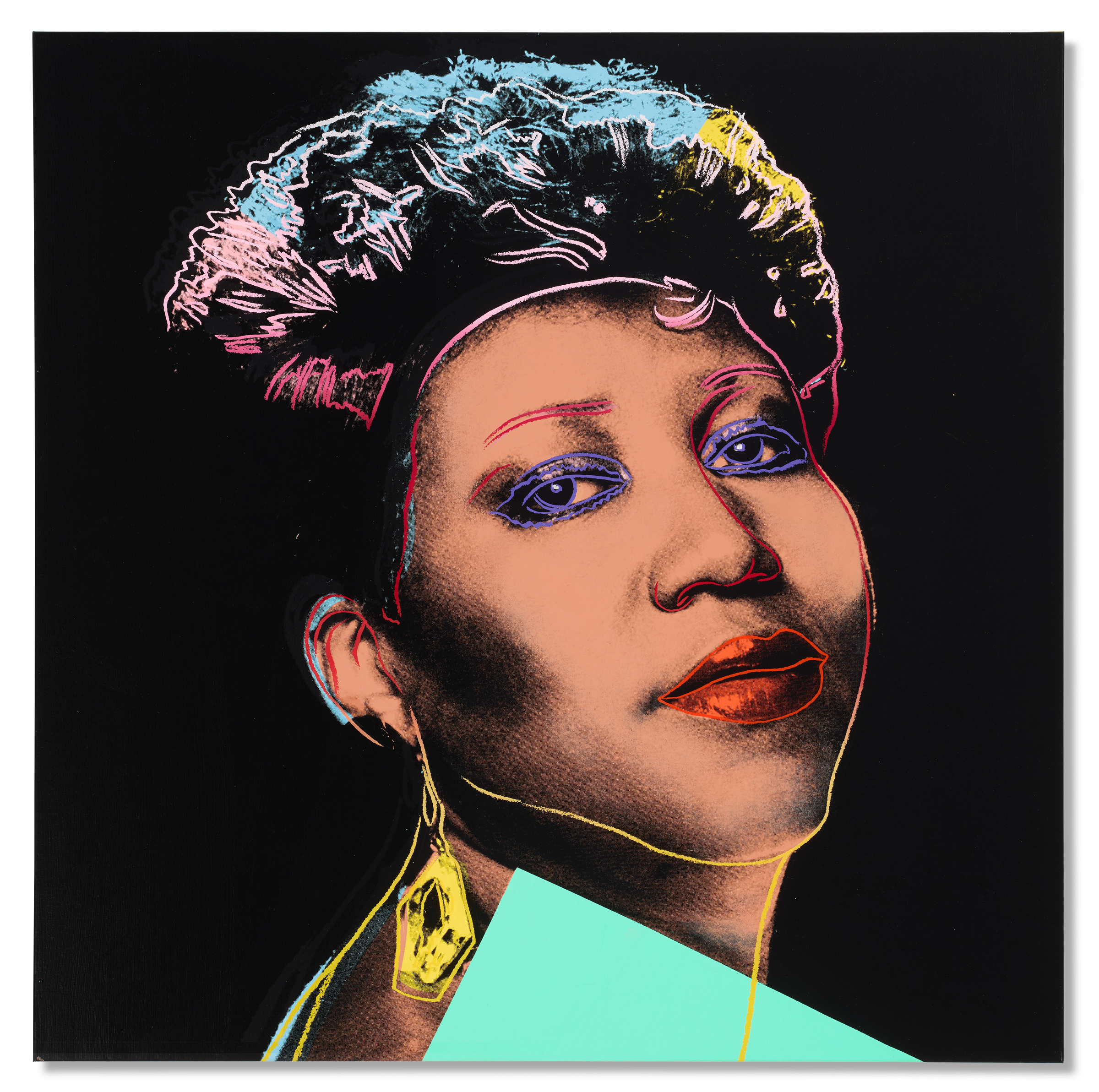 A colorful pop art portrait of a woman with bright makeup and a large yellow earring.