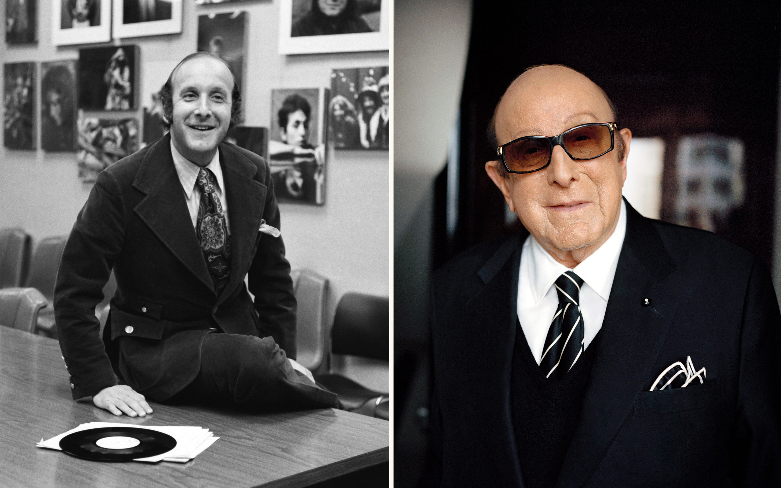 The image shows two portraits of the same man, one in black and white from his younger years and one recent in color.