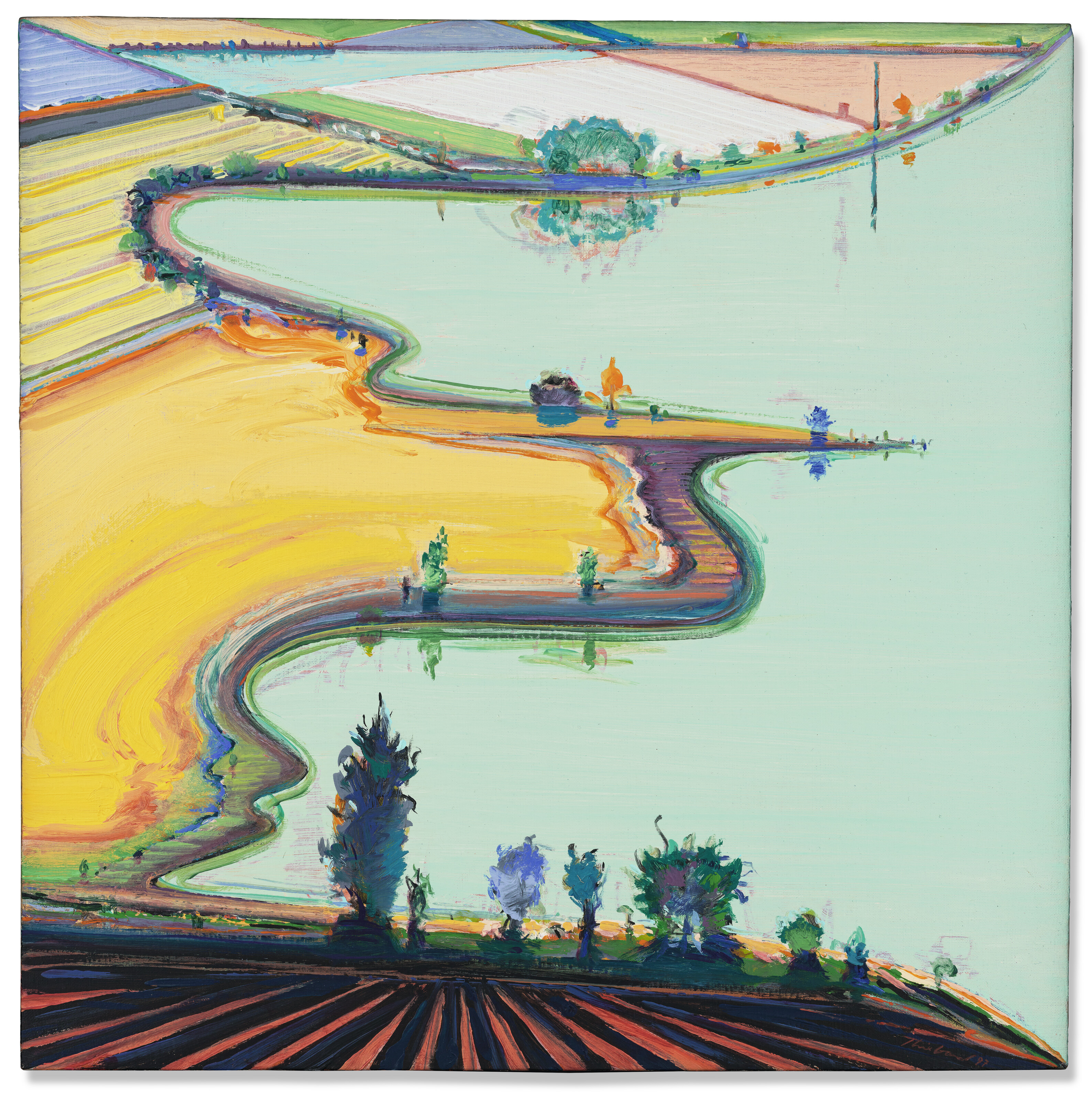 Colorful abstract landscape painting with winding lines, fields, and small trees.