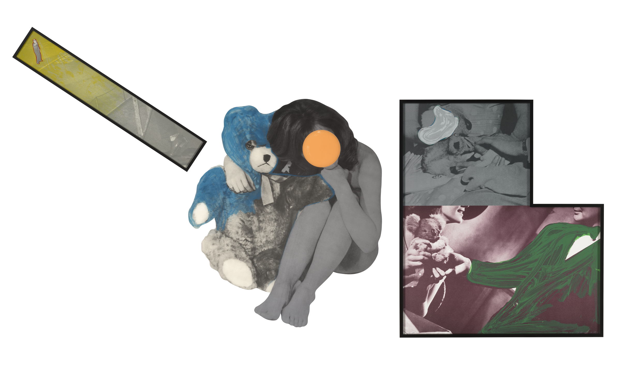 A grayscale figure with an orange circle for a face sits with a blue teddy bear, surrounded by abstract framed images.