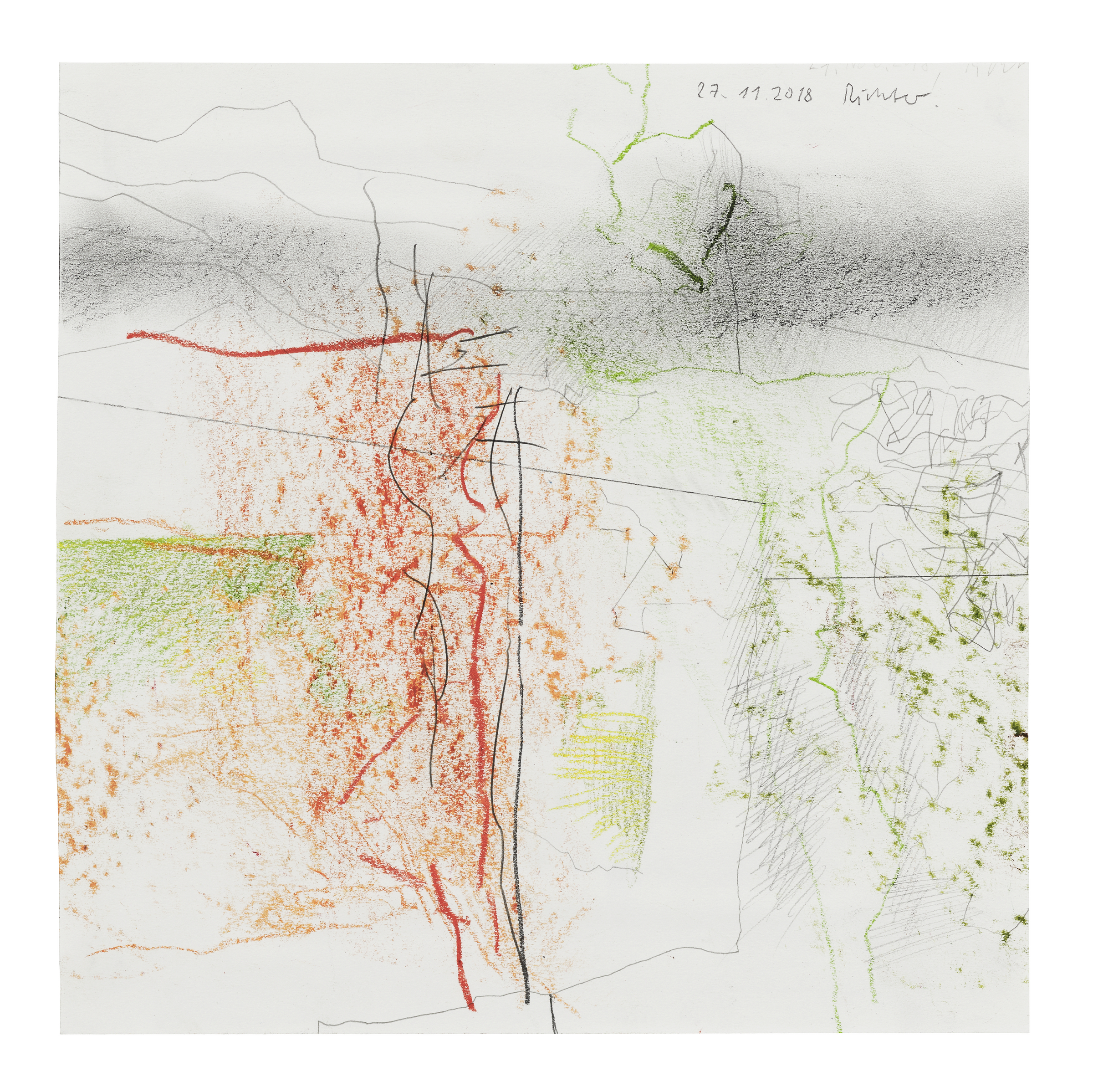 Abstract sketch with red, green, black, and grey lines and scribbles on a white background.